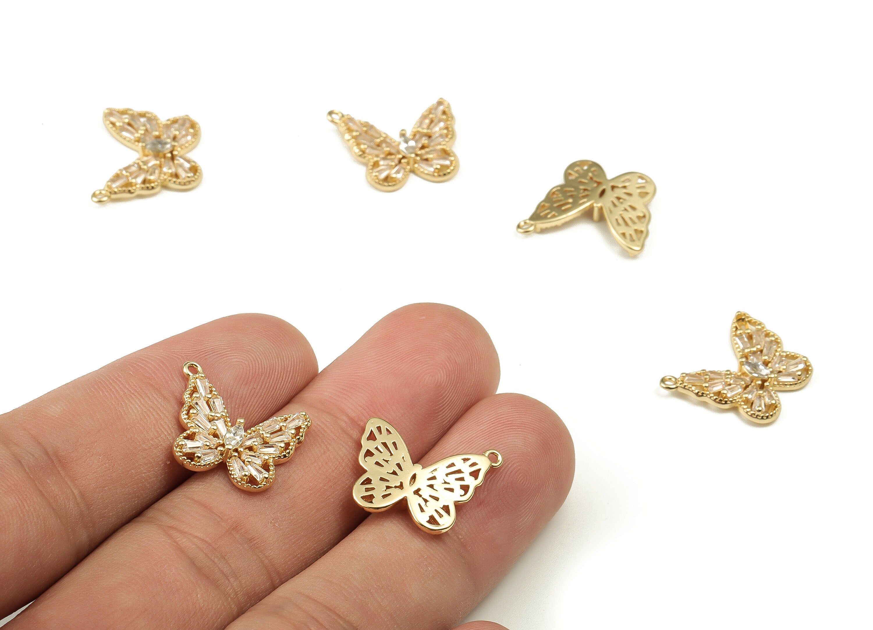 Brass Butterfly Earring Charms With Zircons - Gold Butterfly Pendant - 18K Real Gold Plated Brass - Jewelry Supplies - 19x16x3mm - RGP3934 - DOMEDBAZAAR