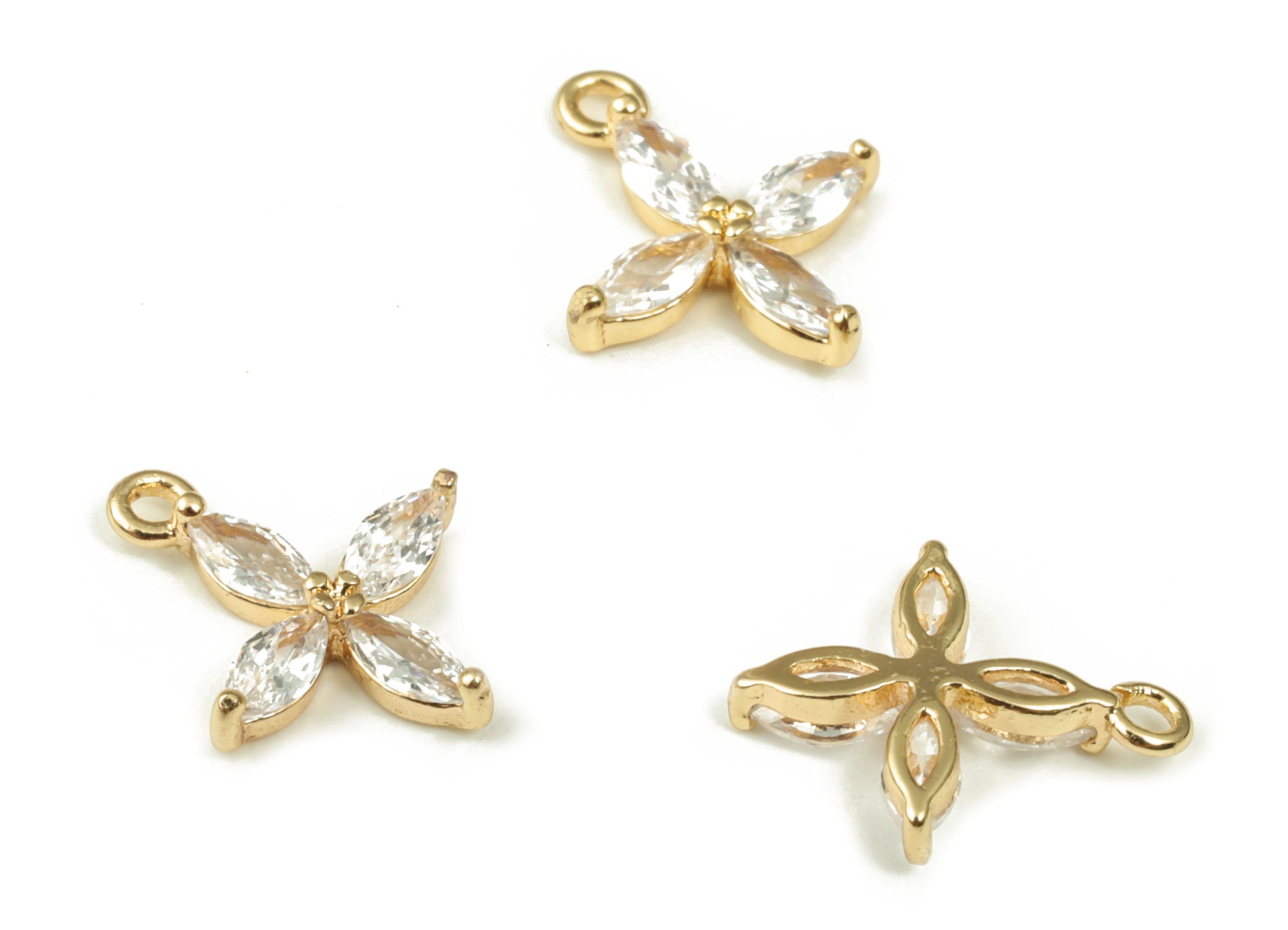 Brass Flower Earring Charms – Zircon Flower Pendant Charm - 18K Real Gold Plated Brass - Jewelry Supplies - 11.85x9.97x2.25mm - RGP3922 - DOMEDBAZAAR