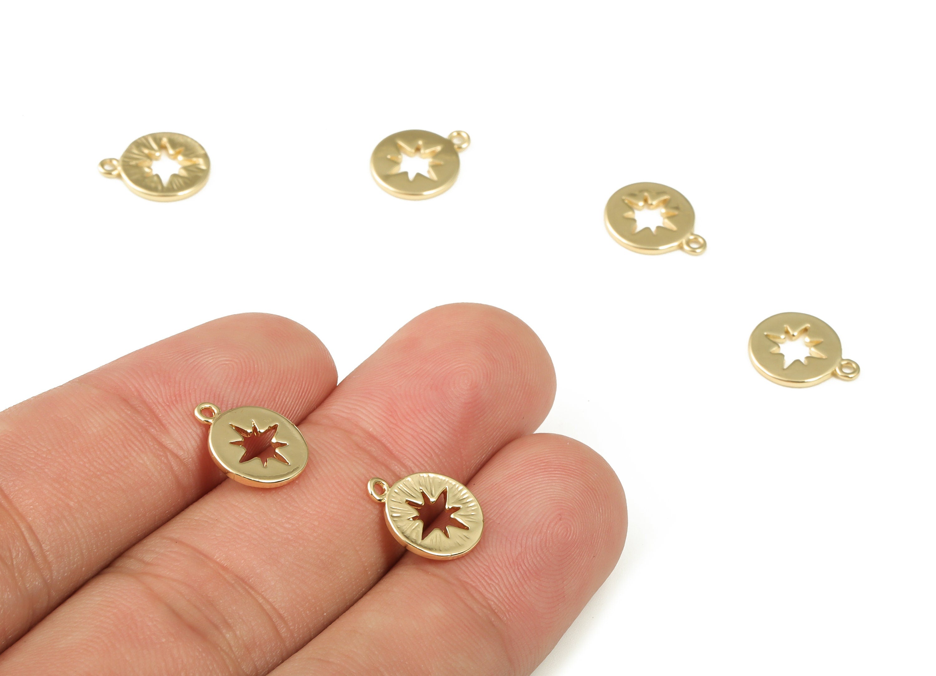 Brass Round Earring Charms - Gold Star Pendant - 18K Real Gold Plated Brass - Jewelry Making Supplies - 11.84x9.47x1.09mm - RGP3383 - DOMEDBAZAAR