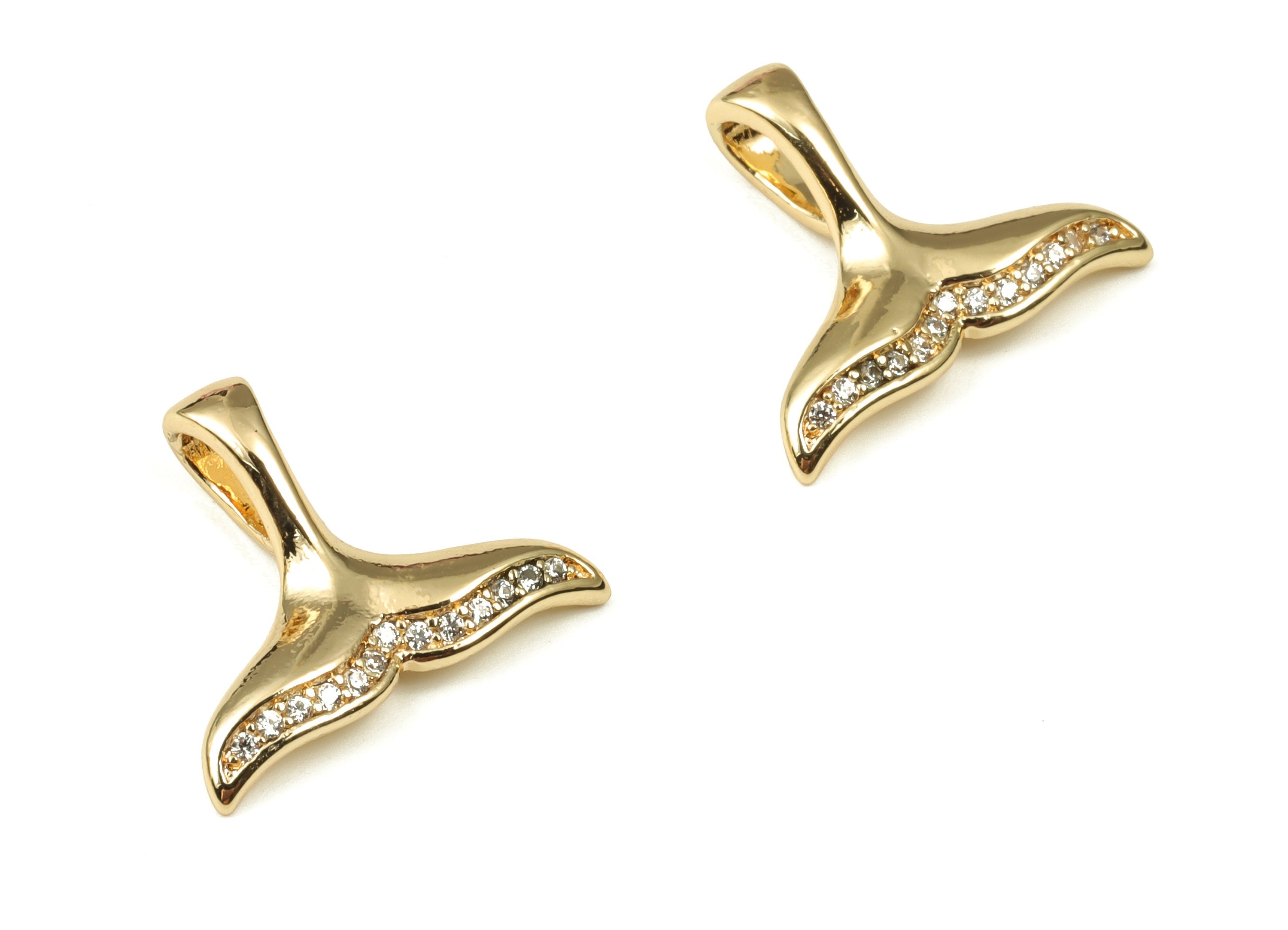 Brass Fish Tail Earring Charms With Zircons - Gold Fish Tail Pendant - 18K Real Gold Plated Brass - 17.39x14.71x2.08mm - RGP3377 - DOMEDBAZAAR