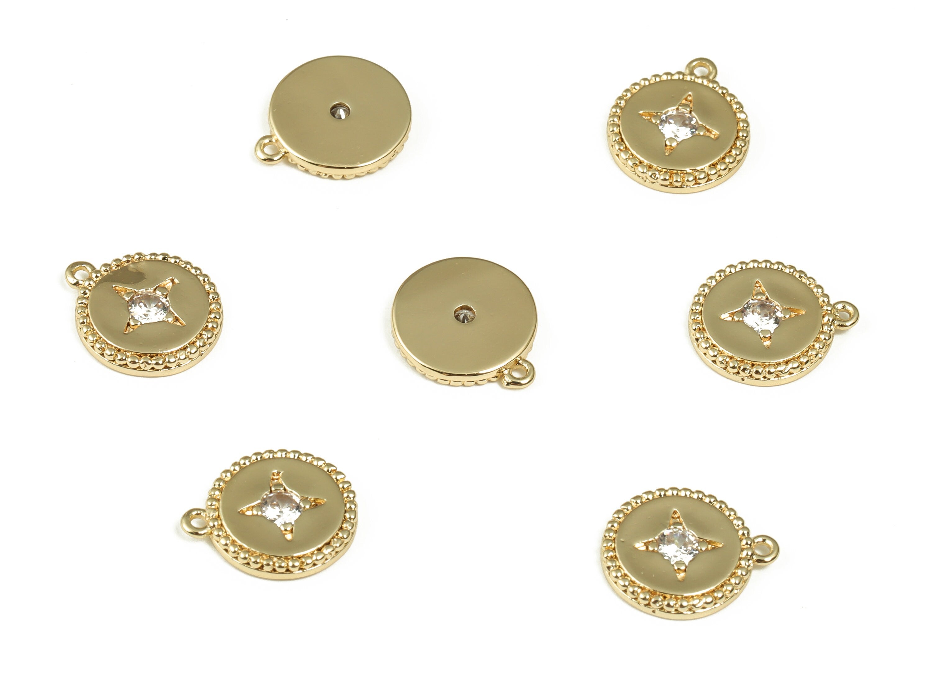 Brass Round Earring Charms With Zircons - Gold Star Pendant - 18K Real Gold Plated Brass - Jewelry Supplies - 11.41x9.77x1.85mm - RGP3400 - DOMEDBAZAAR