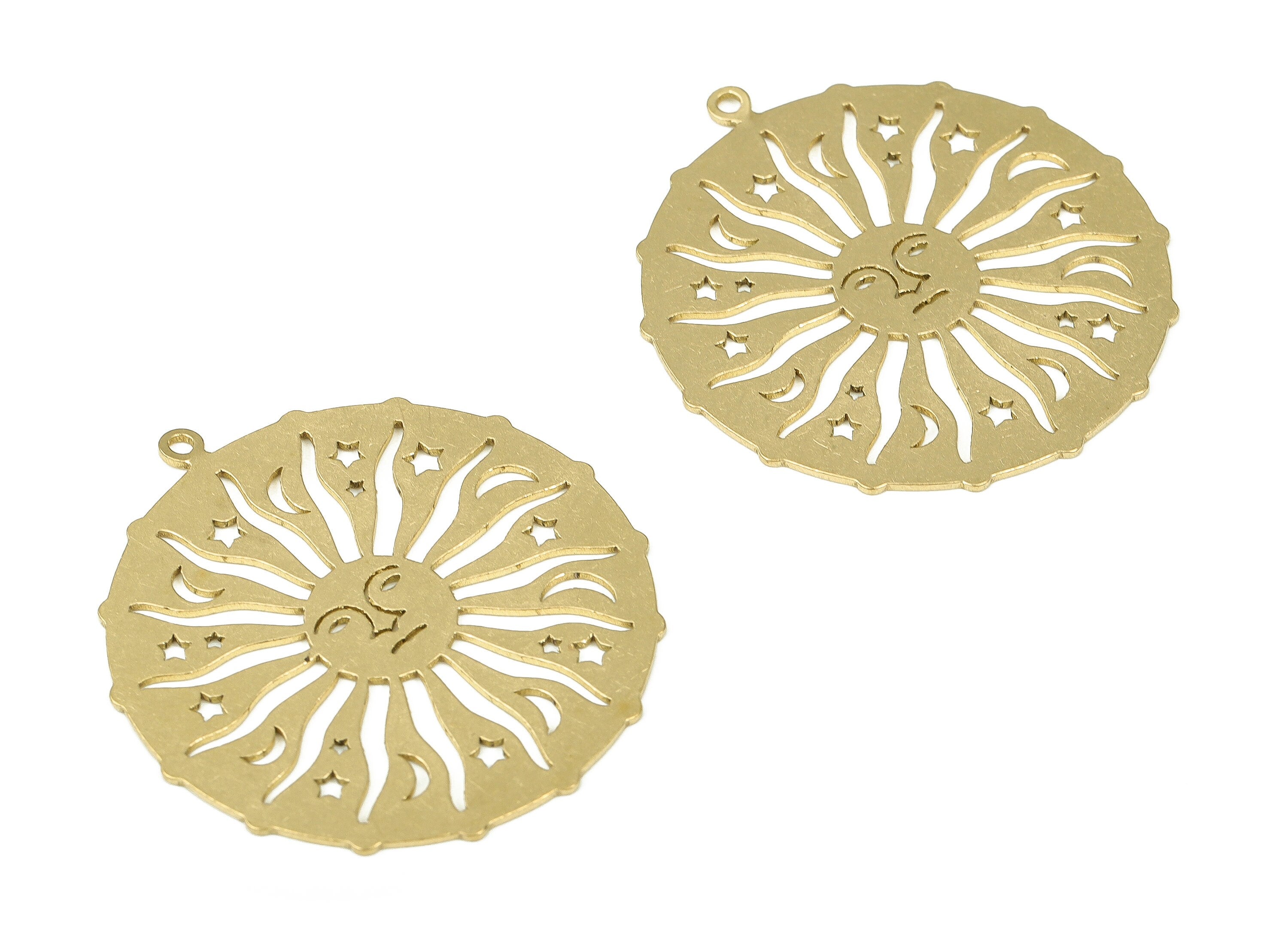 Brass Round Crescent Earring Charms - Raw Brass Sun Face Pendant - Earring Findings - Jewelry Making Supplies - 37.65x34.43x0.7mm - PP4295 - DOMEDBAZAAR
