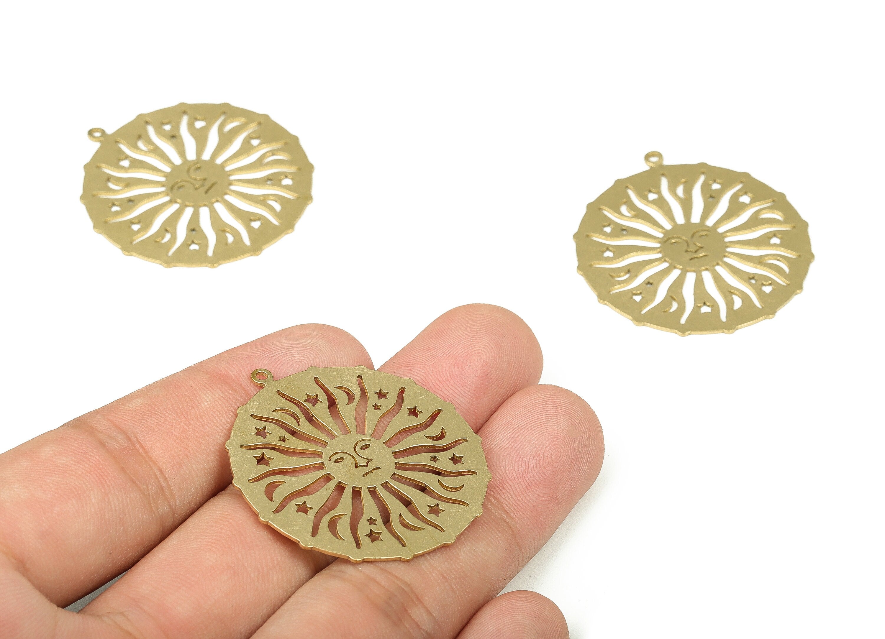 Brass Round Crescent Earring Charms - Raw Brass Sun Face Pendant - Earring Findings - Jewelry Making Supplies - 37.65x34.43x0.7mm - PP4295 - DOMEDBAZAAR