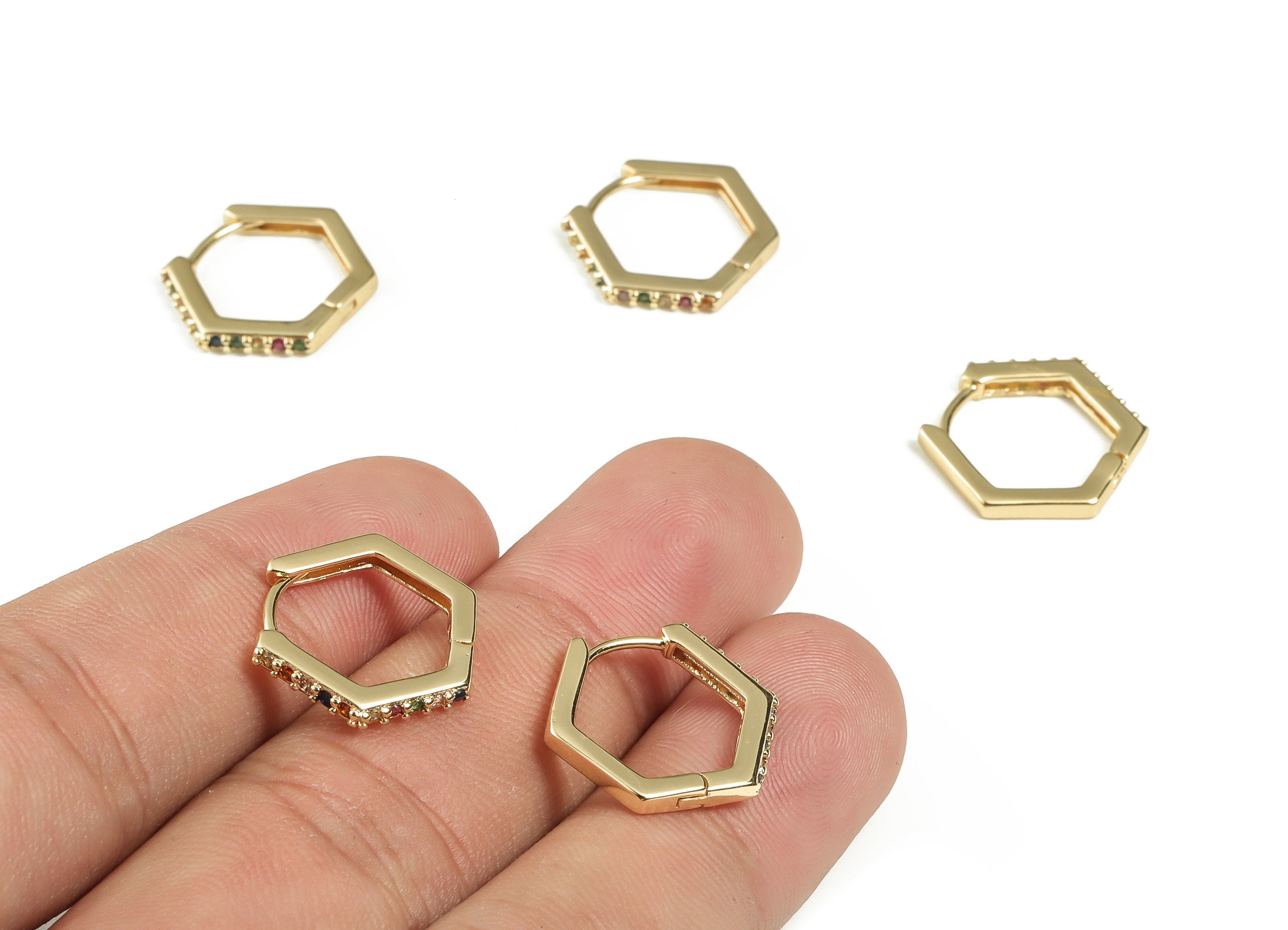 Brass Pentagon Huggie Hoop Earrings – Geometric Zircon Earring – Minimalist Hoop – 18K Real Gold Plated Brass - 18.1×15.5×2.04mm - RGP3215 - DOMEDBAZAAR