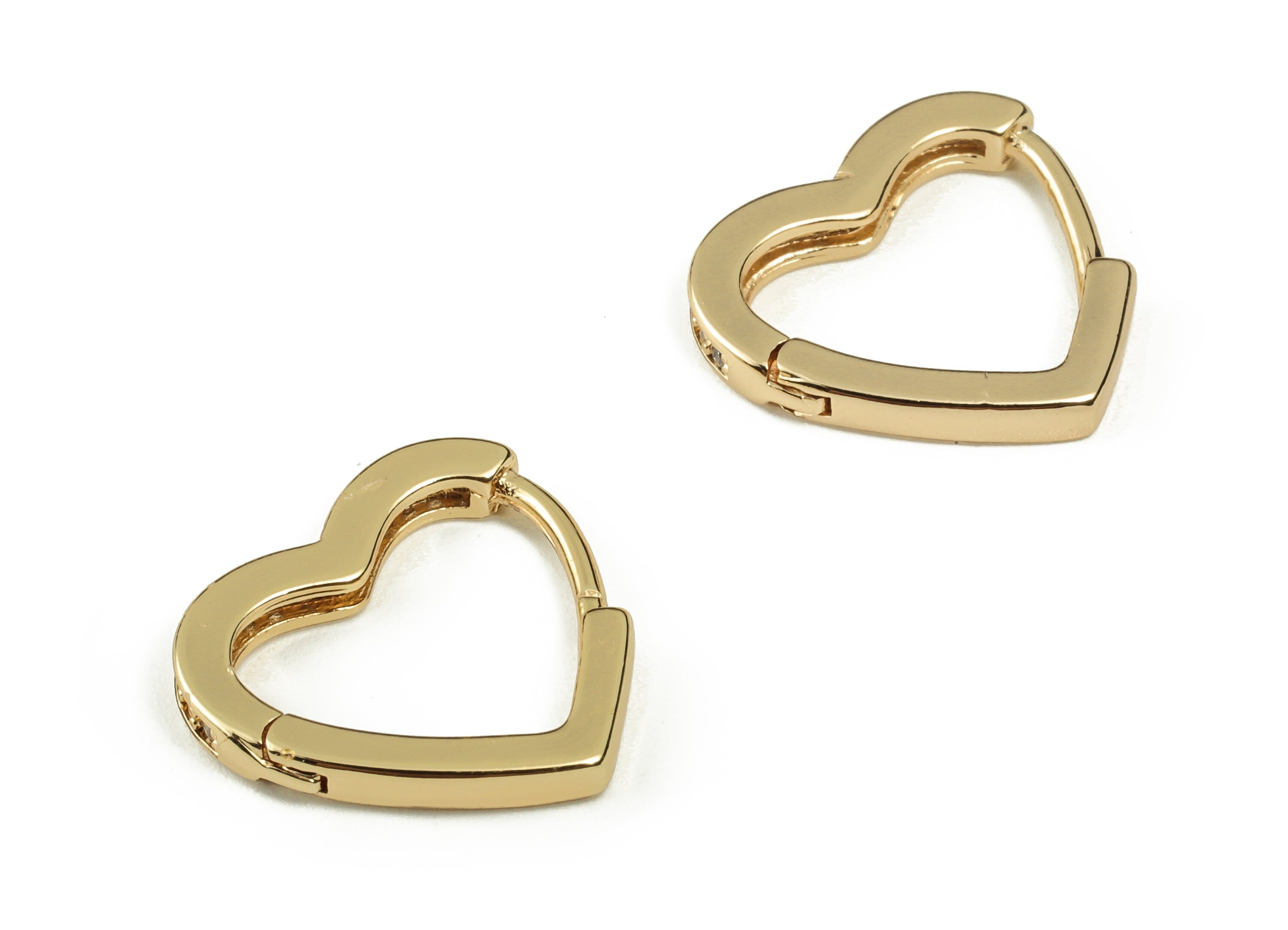Brass Love Heart Huggie Earring - Brass Huggie Earring with Zircon - Love Hoop Earring - 18K Real Gold Plated Brass -14.24x13.4x2mm- RGP3203 - DOMEDBAZAAR