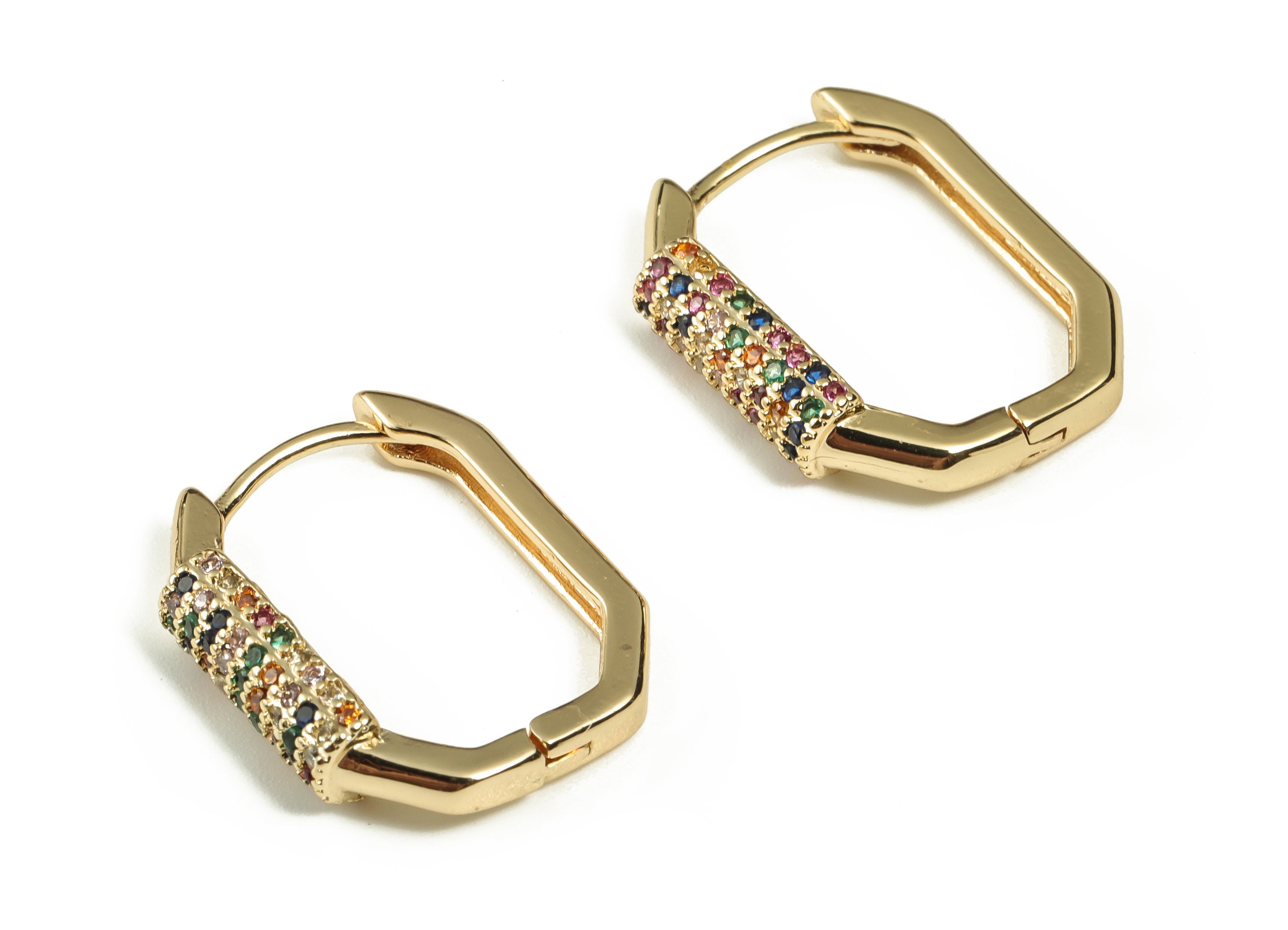 Brass Hoop Earrings – Dainty Geometric Earring with Multicolor Zircons – 18K Real Gold Plated Brass Earrings - 19.37×15.65×2.96mm - RGP3245 - DOMEDBAZAAR