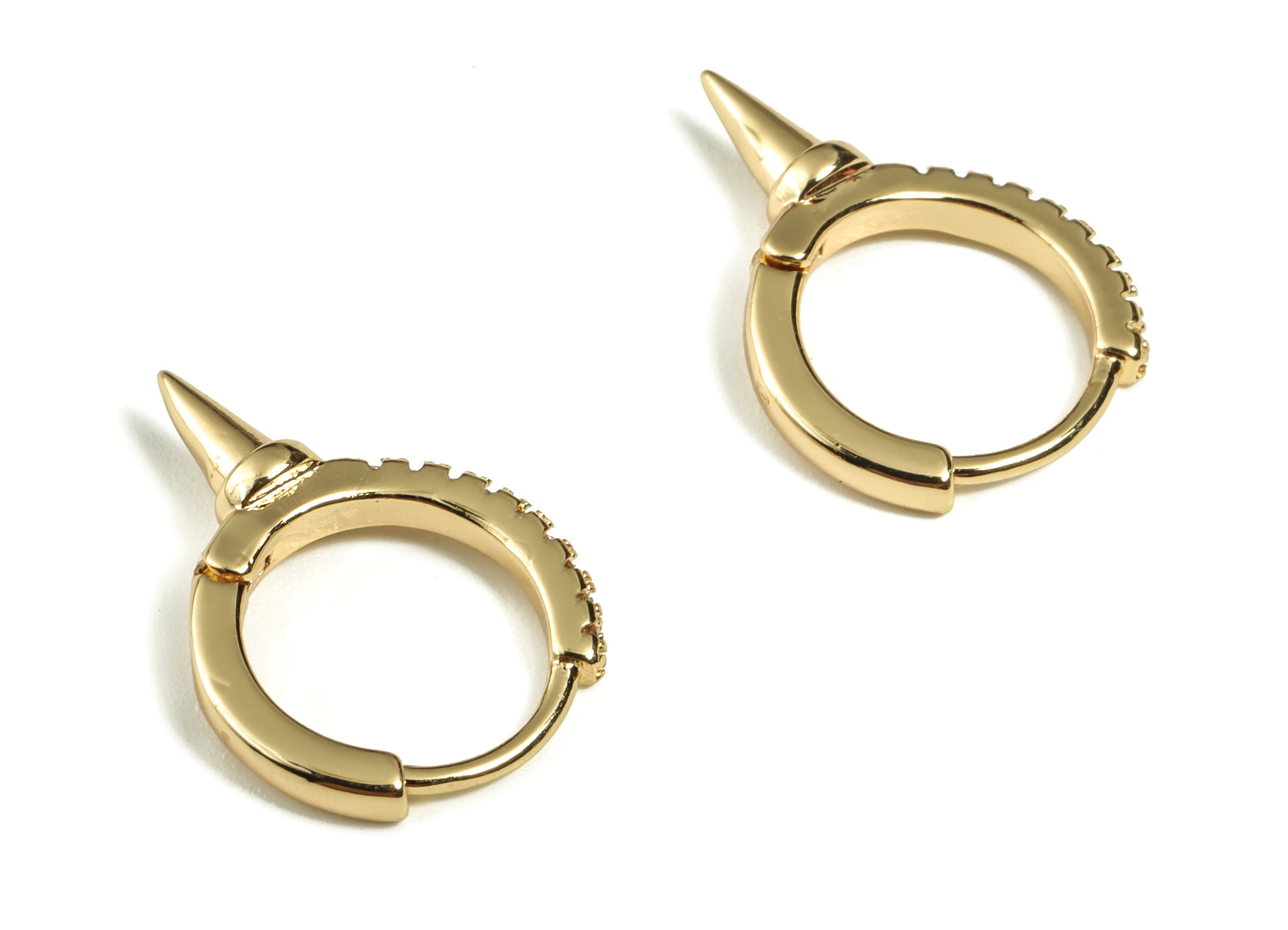 Brass Huggie Hoop Earring – Spike Zircon Hoops – Brass Cone Huggie Hoop Earring – 18K Real Gold Plated Brass - 17.44×12.36×2mm - RGP3107 - DOMEDBAZAAR