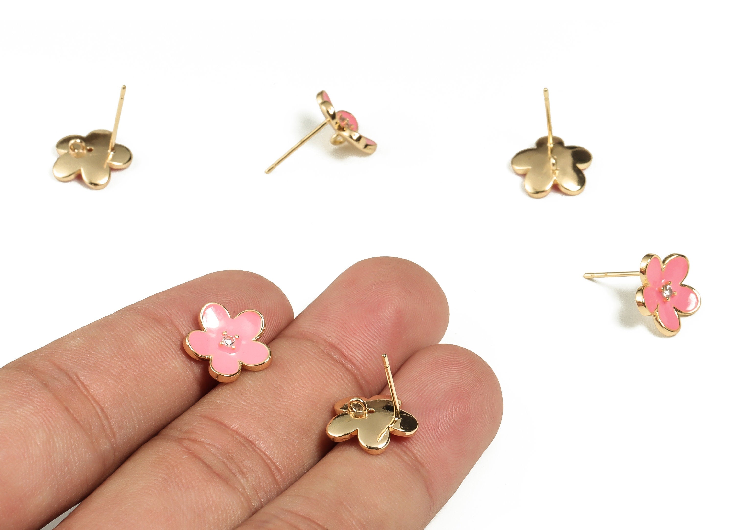 Brass Flower Stud Earring - Brass Enamel Flower Stud - 925 Silver Brass Stud with Zircon - 18K Gold Plated Brass -12.3x12.03x1.43mm- RGP3091 - DOMEDBAZAAR