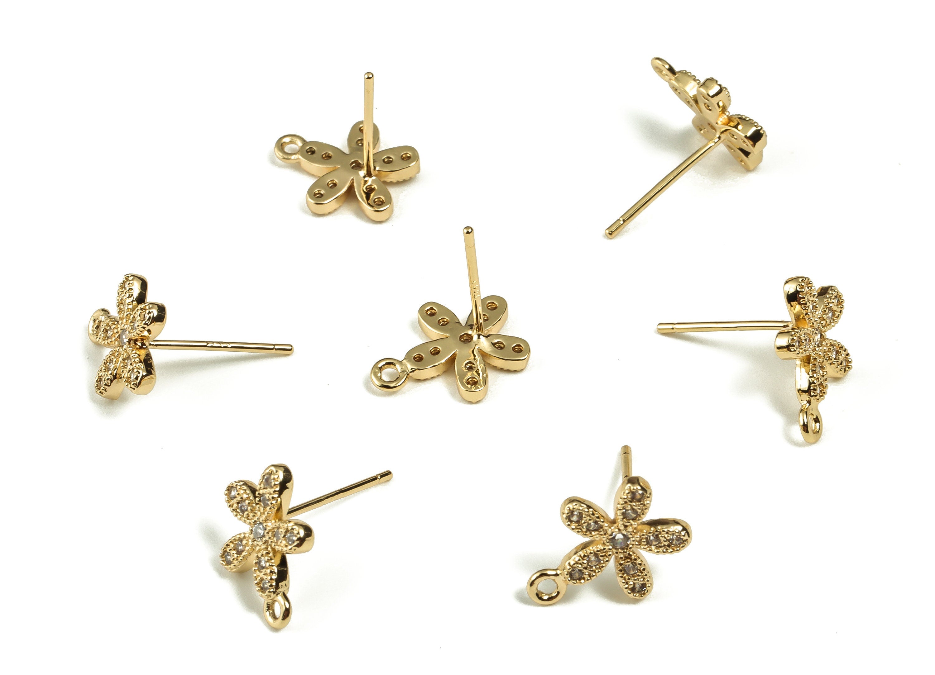 Brass Flower Stud Earrings - Brass Post Earring with Zircon - 18K Real Gold Plated Brass Studs - Jewelry Supplies -12.08x9.53x1.7mm- RGP3090 - DOMEDBAZAAR