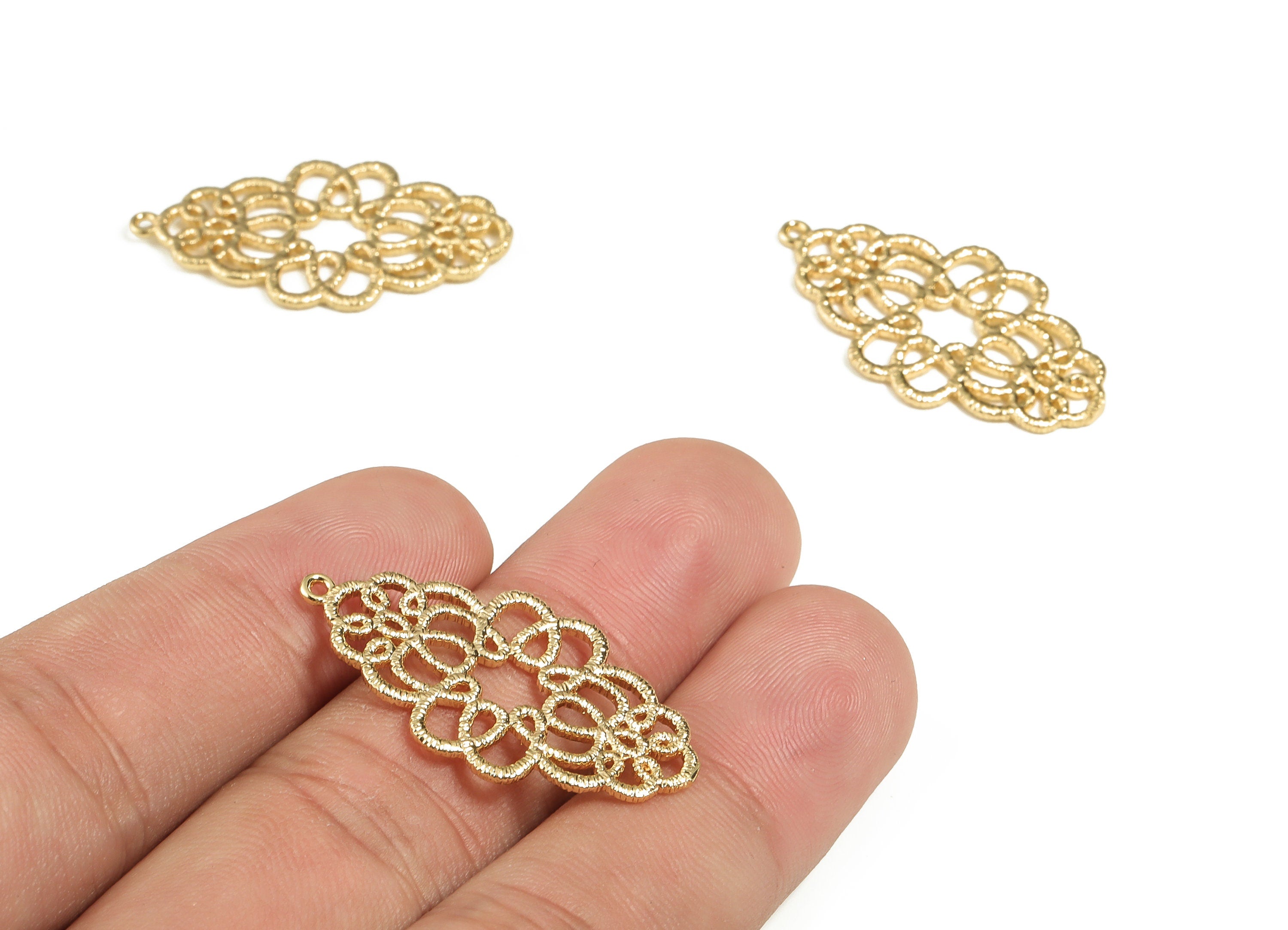 Brass Drop Flower Pendant - Filigree Floral Earring Charm – 18K Gold Plated - Jewelry Making Supplies - 32.74x17.9x1.24mm - RGP3279 - DOMEDBAZAAR