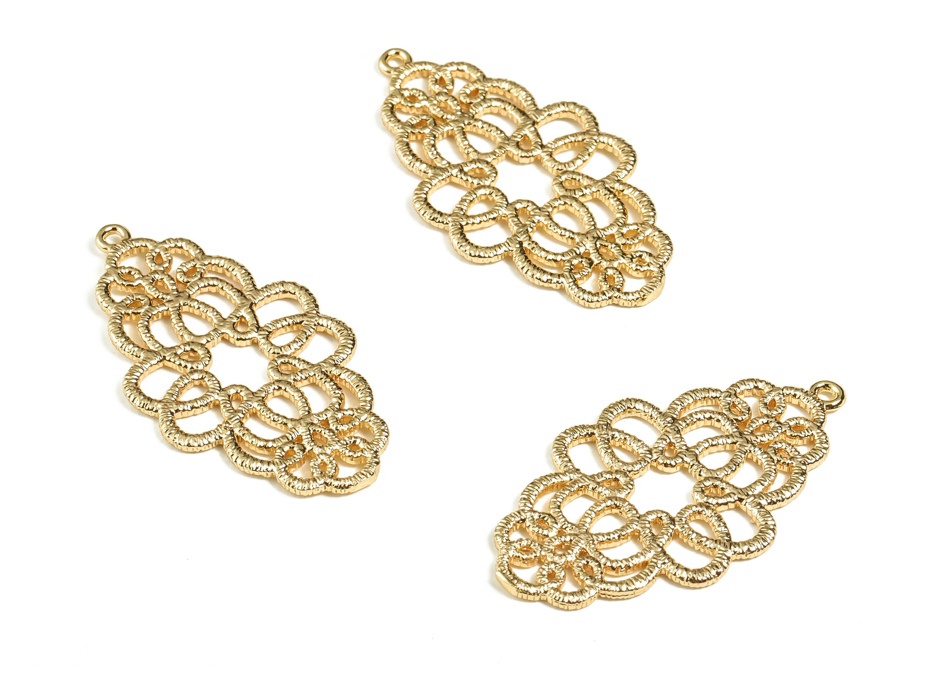 Brass Drop Flower Pendant - Filigree Floral Earring Charm – 18K Gold Plated - Jewelry Making Supplies - 32.74x17.9x1.24mm - RGP3279 - DOMEDBAZAAR
