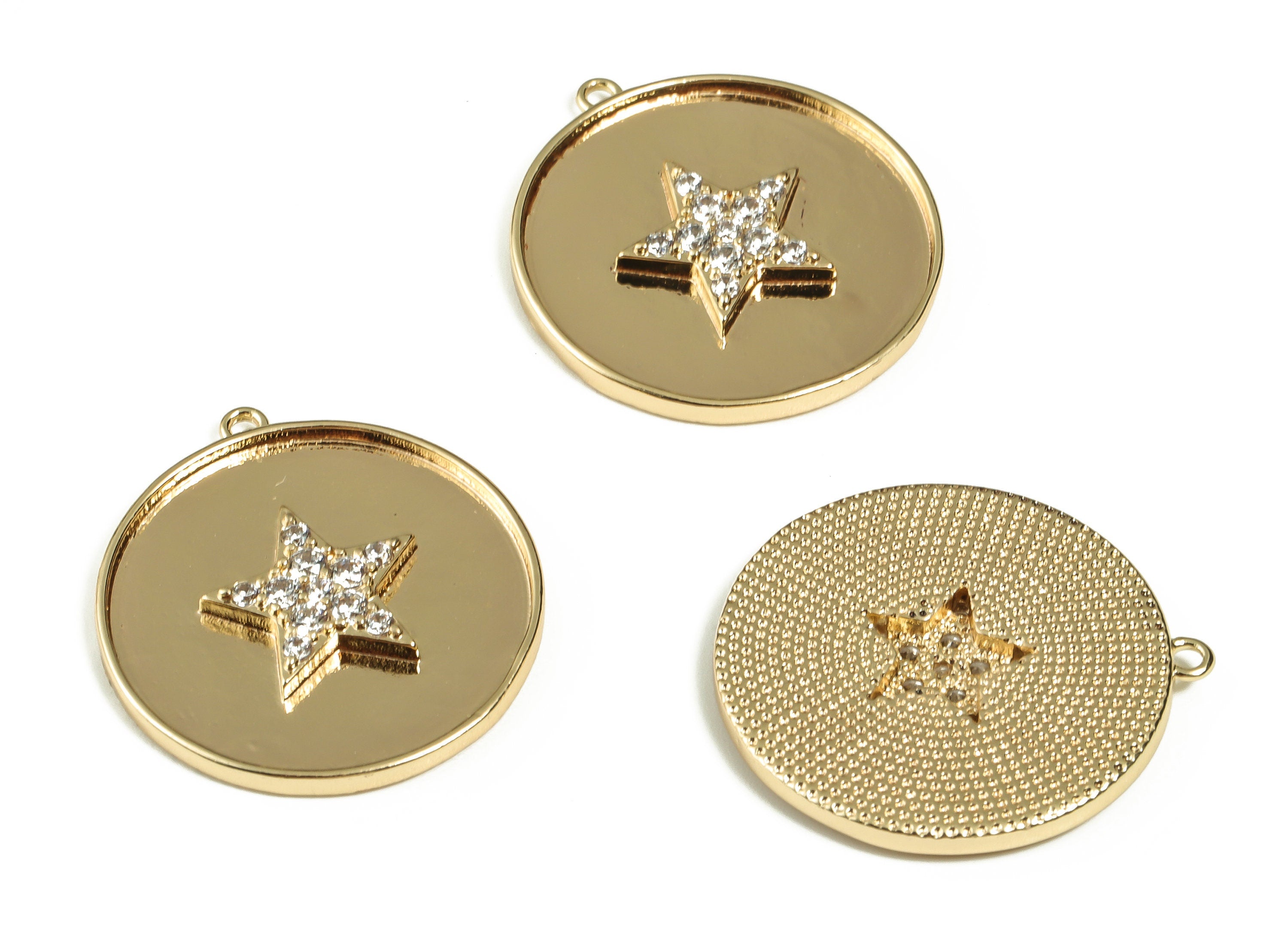 Brass Round Charm - Brass Star Charm with Zircon - Gold Plated Circle Earring Charm - 18K Gold Plated Brass Charm -24.6x22.5x2.67mm- RGP3094 - DOMEDBAZAAR