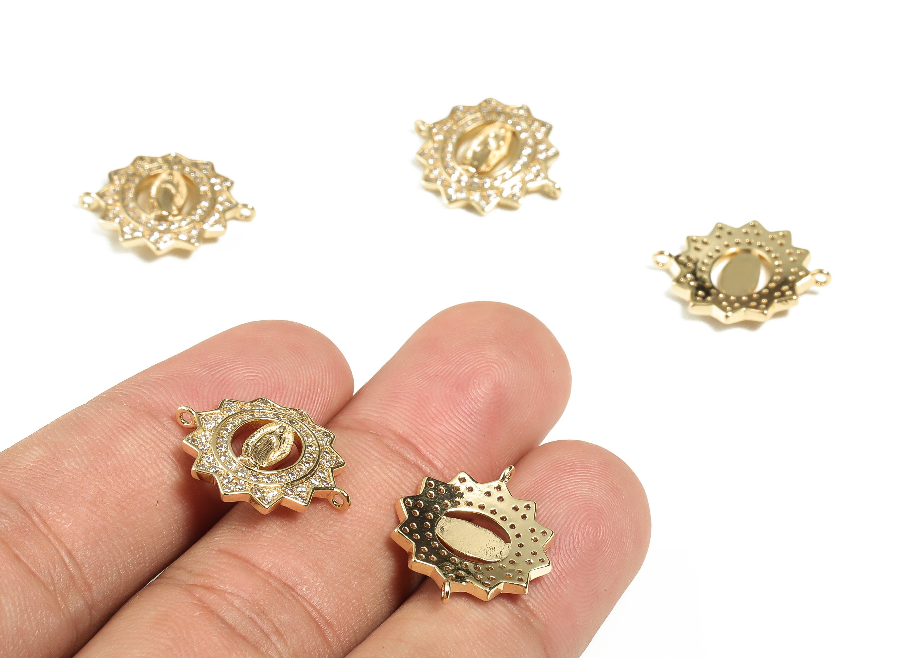 Brass Sun Charm - Zircon Sun Shaped Brass Connector with 2 Loops- 18k Real Gold Plated Brass - Jewelry Supplies -19.44x16.33x2.1mm-  RGP3267 - DOMEDBAZAAR
