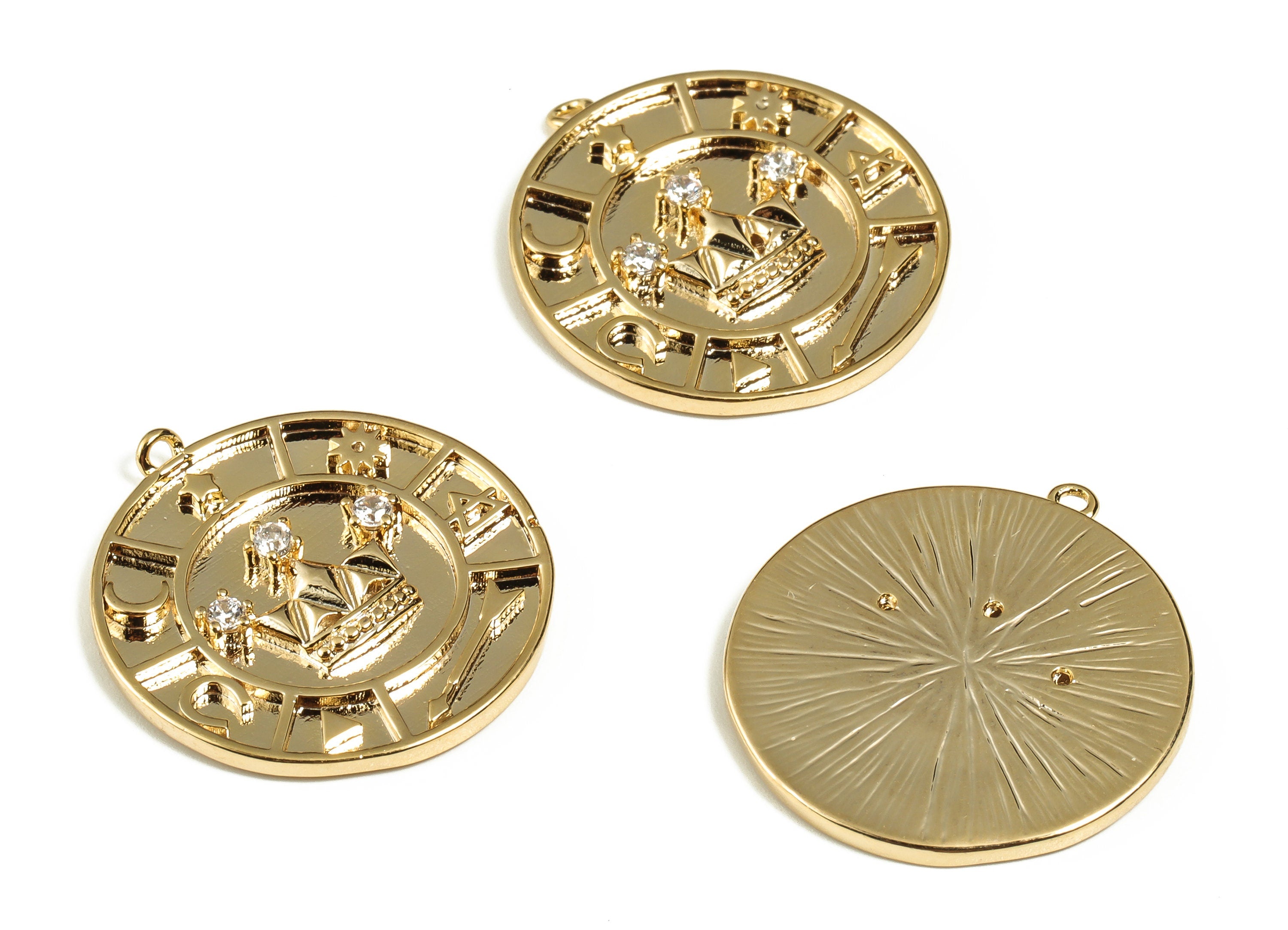 Brass Round Charm Pendant – Brass Zircon Crown Earring Charms - Real Gold Plated Brass Charm - Jewelry Supplies - 24.99x23x2.58mm- RGP3085 - DOMEDBAZAAR