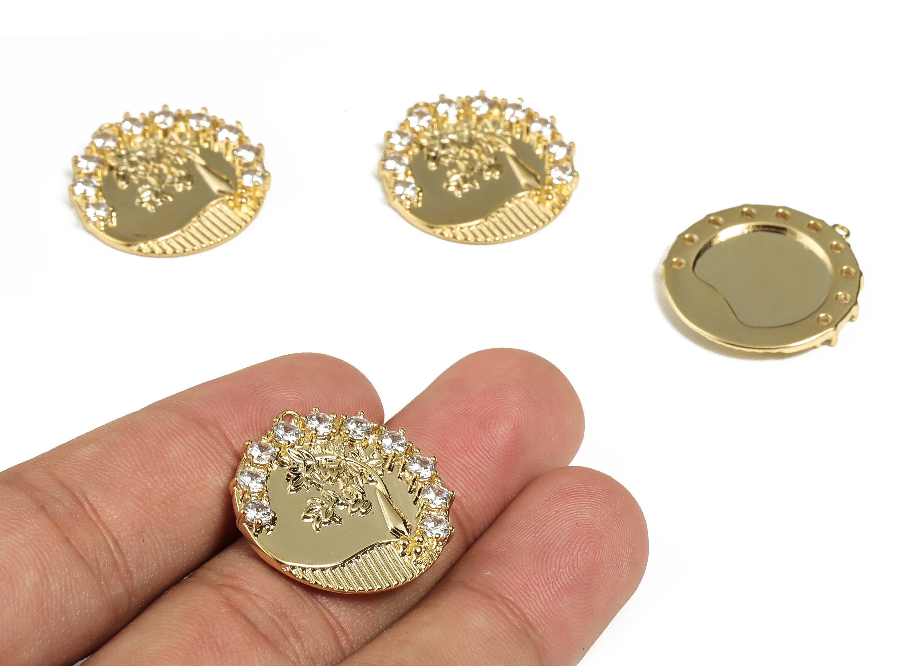 Brass Round Earring Charms - Tree Charm with Zircon - Gold Plated Tree Pendant Charm - 18K Gold Plated Brass - 24.94x23.26x2.81mm - RGP3092 - DOMEDBAZAAR