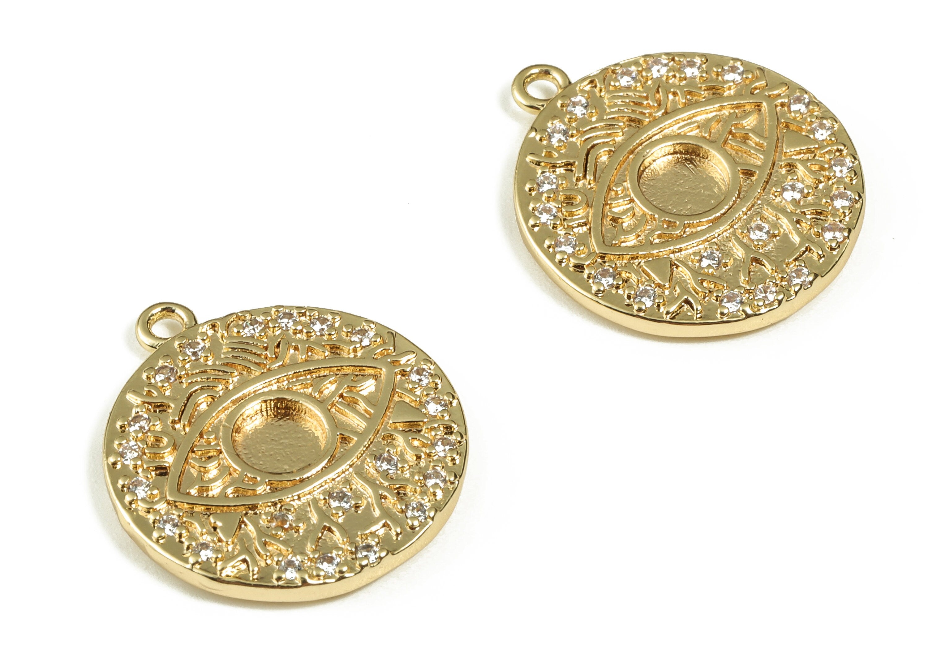 Brass Round Eye Charm - Brass Pendant Charm with Zircon - Circle Earrings Charm - 18K Gold Plated Brass Charm -30.98x18.11x2.08mm- RGP3093 - DOMEDBAZAAR