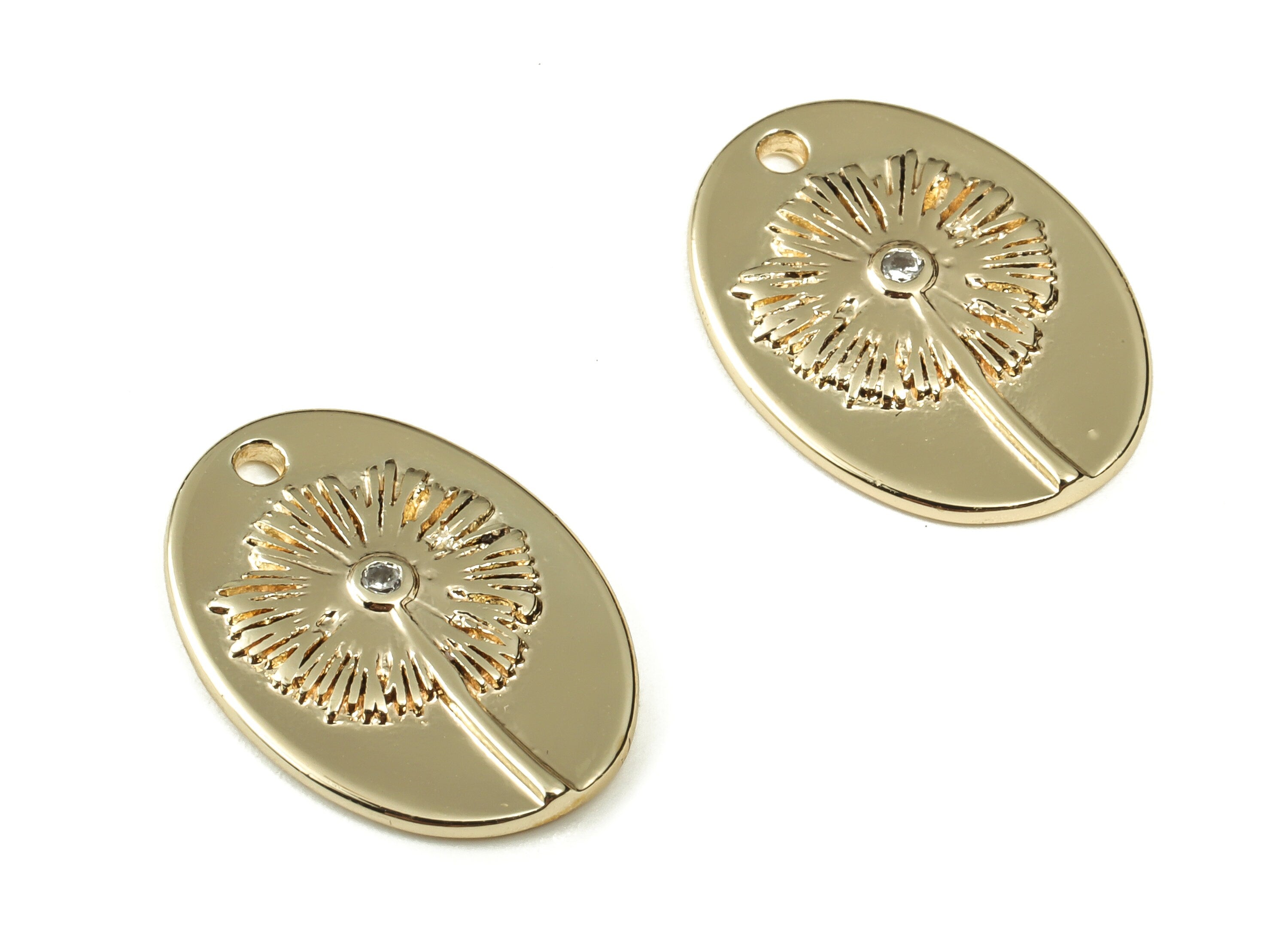 Brass Oval Earring Charms With Zircons - Gold Flower Pendant - 18K Real Gold Plated Brass - Jewelry Supplies - 18.33x13.03x2.15mm - RGP3306 - DOMEDBAZAAR