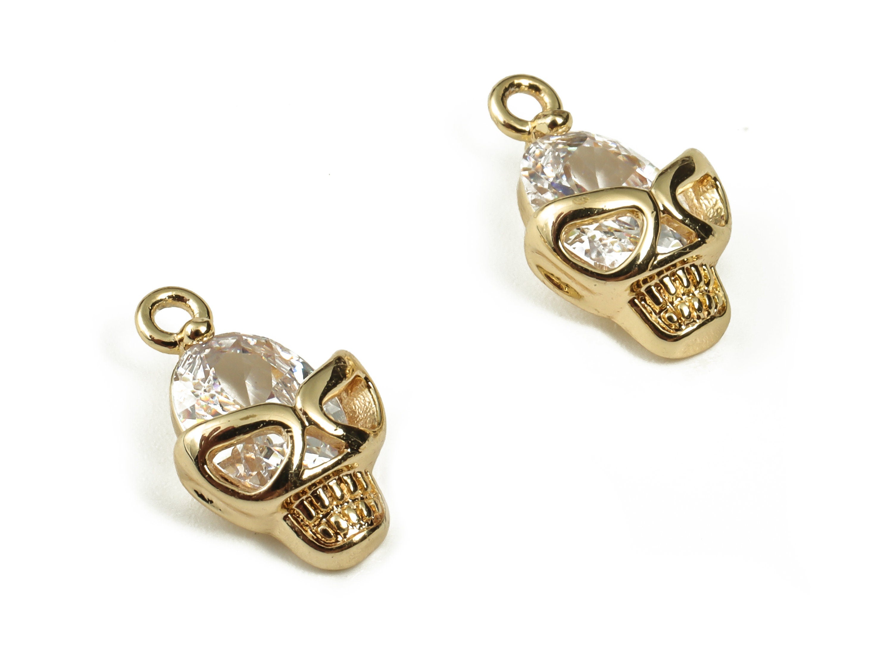 Brass Skull Earring Charm - Brass Skull Charm Pendant with Zircon - 18k Real Gold Plated Brass - Jewelry Supplies -14.13x8.6x4.63mm- RGP3268 - DOMEDBAZAAR