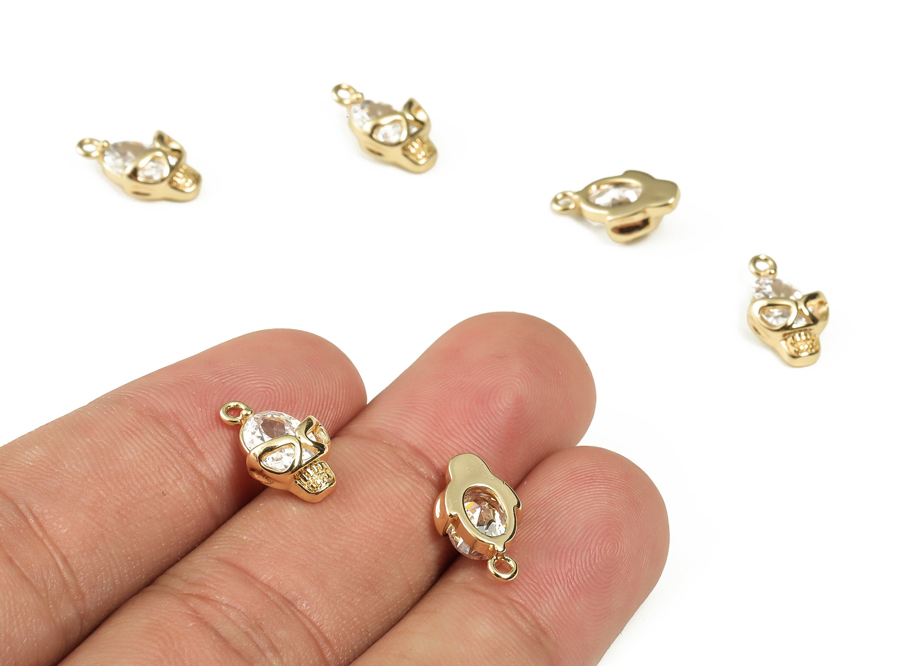 Brass Skull Earring Charm - Brass Skull Charm Pendant with Zircon - 18k Real Gold Plated Brass - Jewelry Supplies -14.13x8.6x4.63mm- RGP3268 - DOMEDBAZAAR