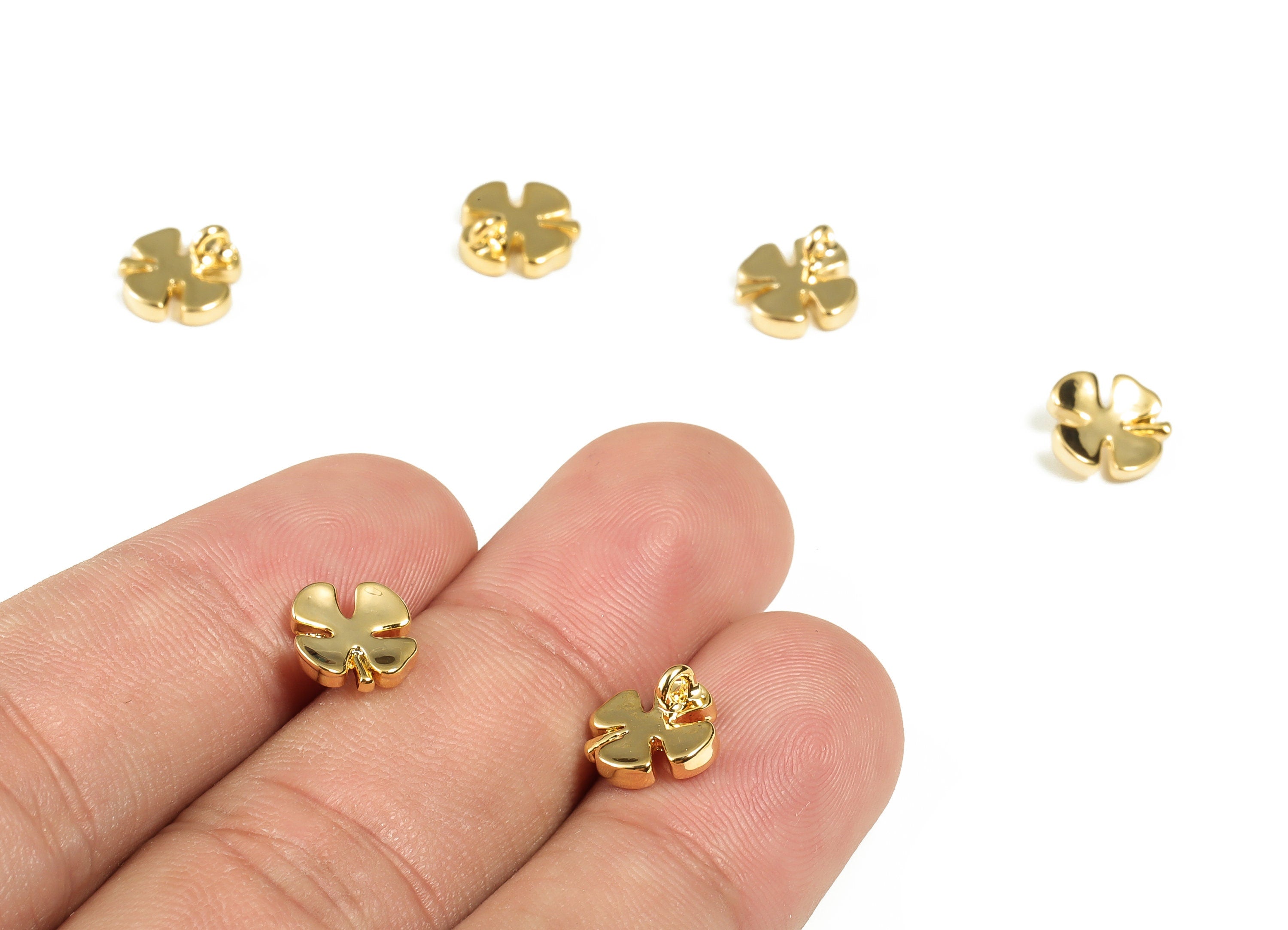 Gold Plated Four Leaf Clover Charm – Dainty Clover Pendant - 18K Real Gold Plated Brass – Clover Earring Charm – 8.88×8.42×1.94mm - RGP3104 - DOMEDBAZAAR