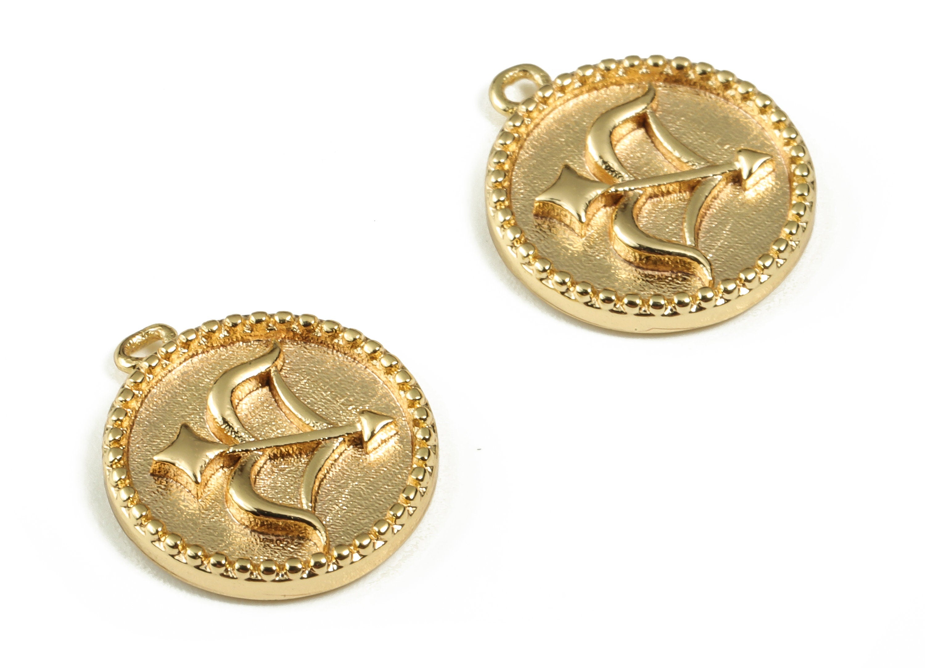 Bow and Arrow Round Pendant – Circle Voyage Earring Charm - 18K Real Gold Plated Brass – Jewelry Supplies – 14.08x12x1.95mm – RGP3225 - DOMEDBAZAAR