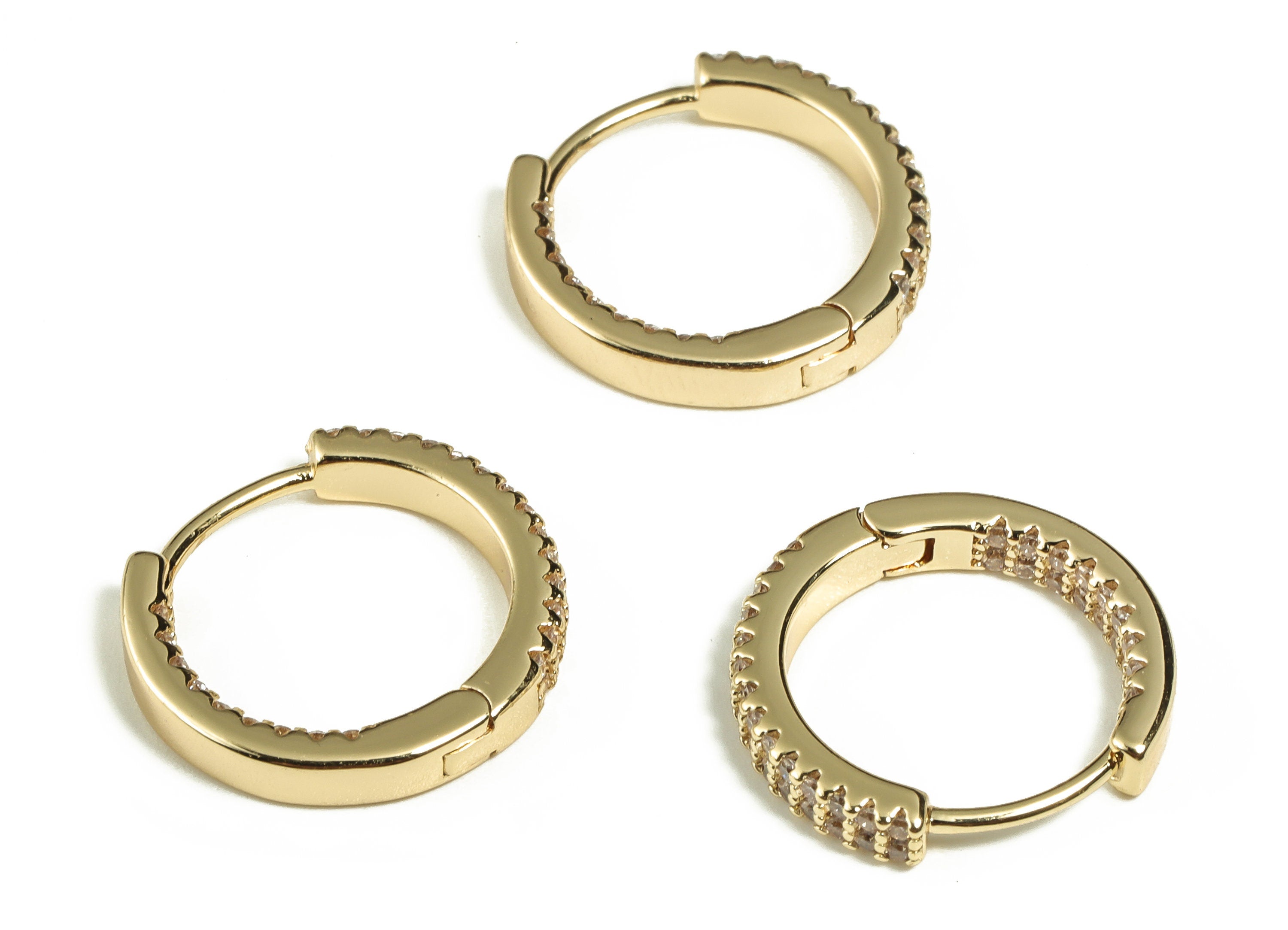 Brass Round Huggie Earrings – Zircon Earring Hoop Huggie - 18K Real Gold Plated Brass - Earring Supplies - 16.23×15.38×1.96mm - RGP3220 - DOMEDBAZAAR