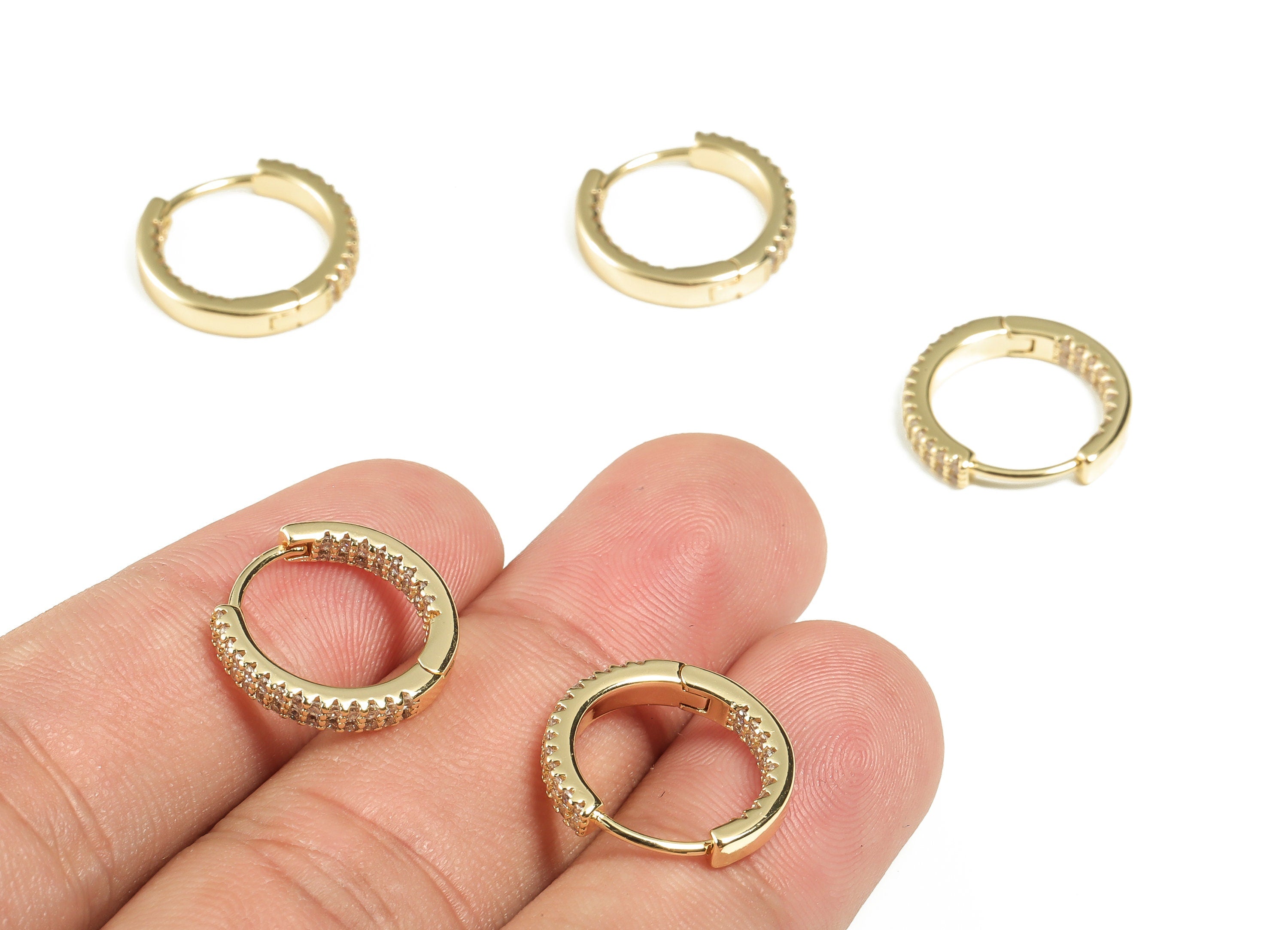 Brass Round Huggie Earrings – Zircon Earring Hoop Huggie - 18K Real Gold Plated Brass - Earring Supplies - 16.23×15.38×1.96mm - RGP3220 - DOMEDBAZAAR