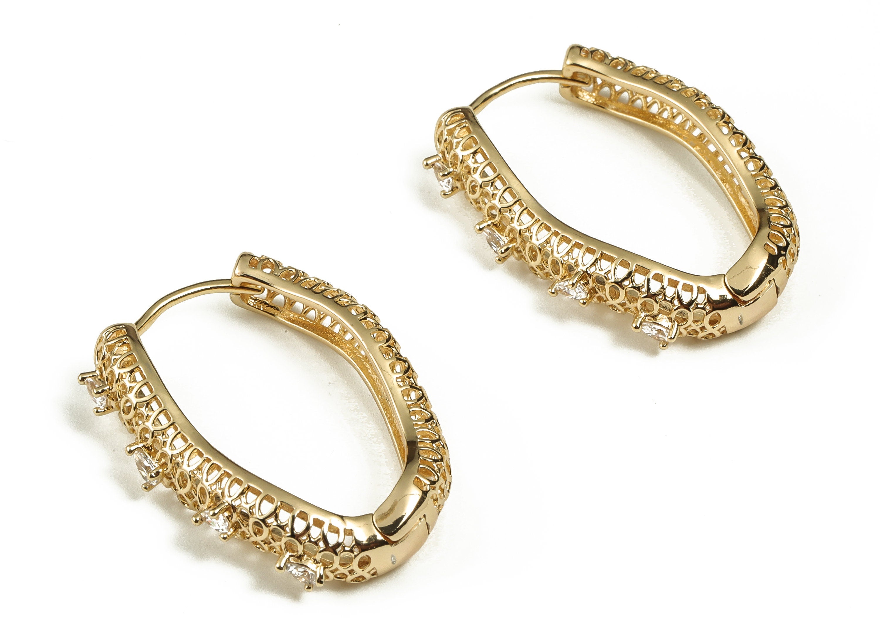 Brass Oval Hoop Earring - Zircon Stud Earrings - Minimalist Earrings - 18k Gold Plated Brass - Jewelry Supplies -31.85x21.53x4.47mm- RGP3208 - DOMEDBAZAAR