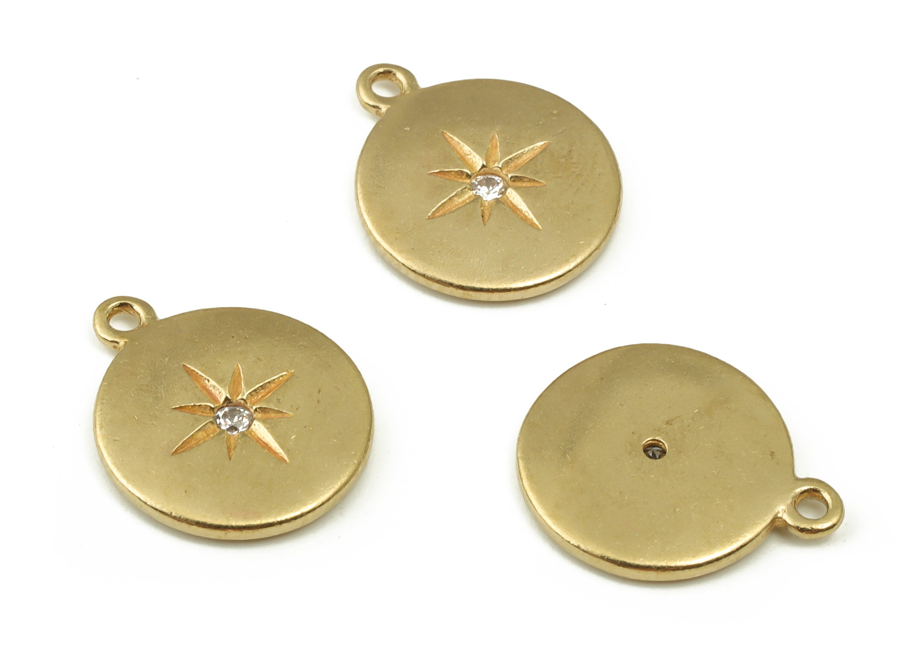 Brass Round Star Earring Charms With Zircon - Raw Brass Circle Pendant - Earring Finding - Jewelry Making Supplies - 14x11.9x1.6mm - PP4500 - DOMEDBAZAAR