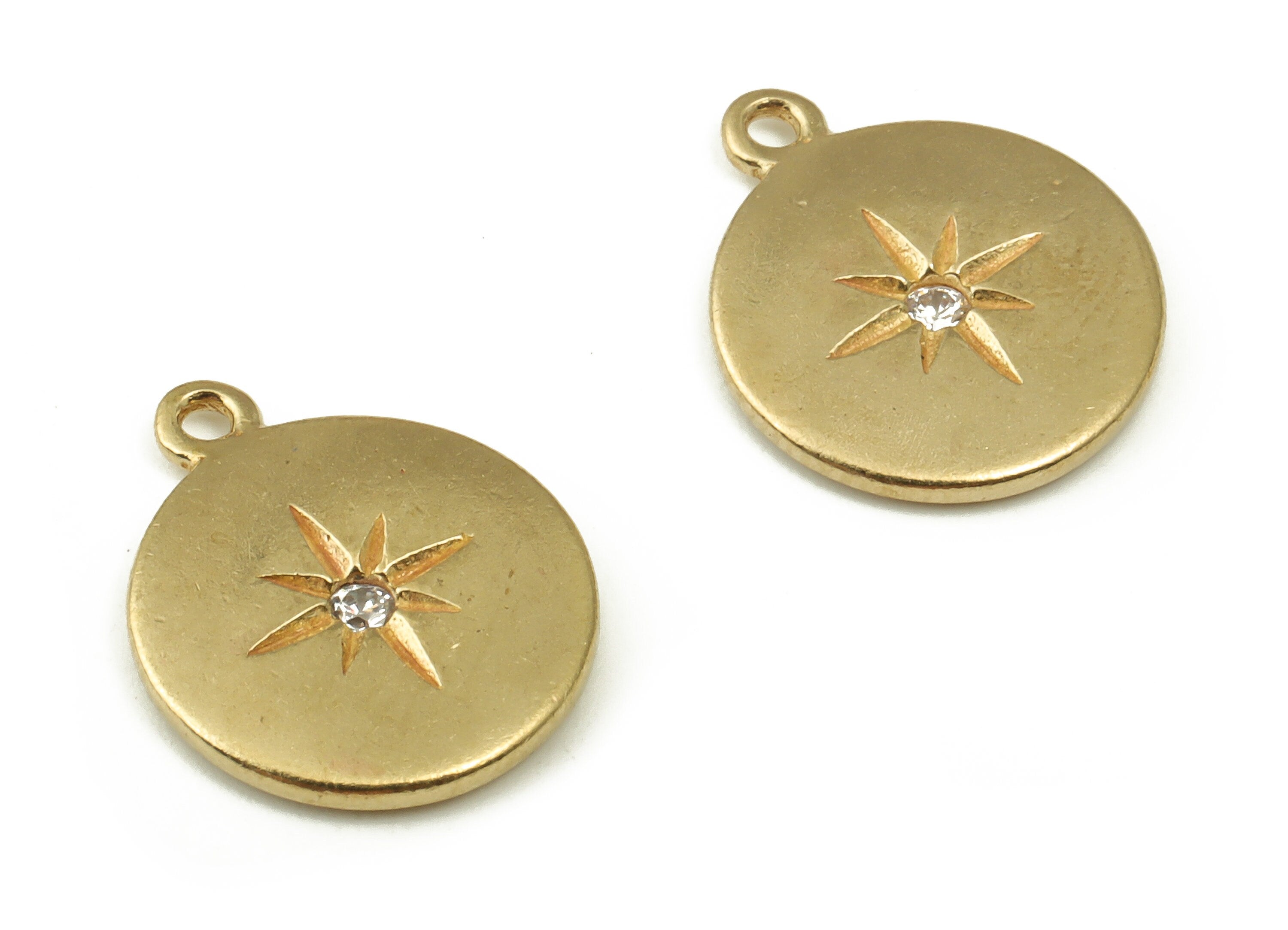 Brass Round Star Earring Charms With Zircon - Raw Brass Circle Pendant - Earring Finding - Jewelry Making Supplies - 14x11.9x1.6mm - PP4500 - DOMEDBAZAAR