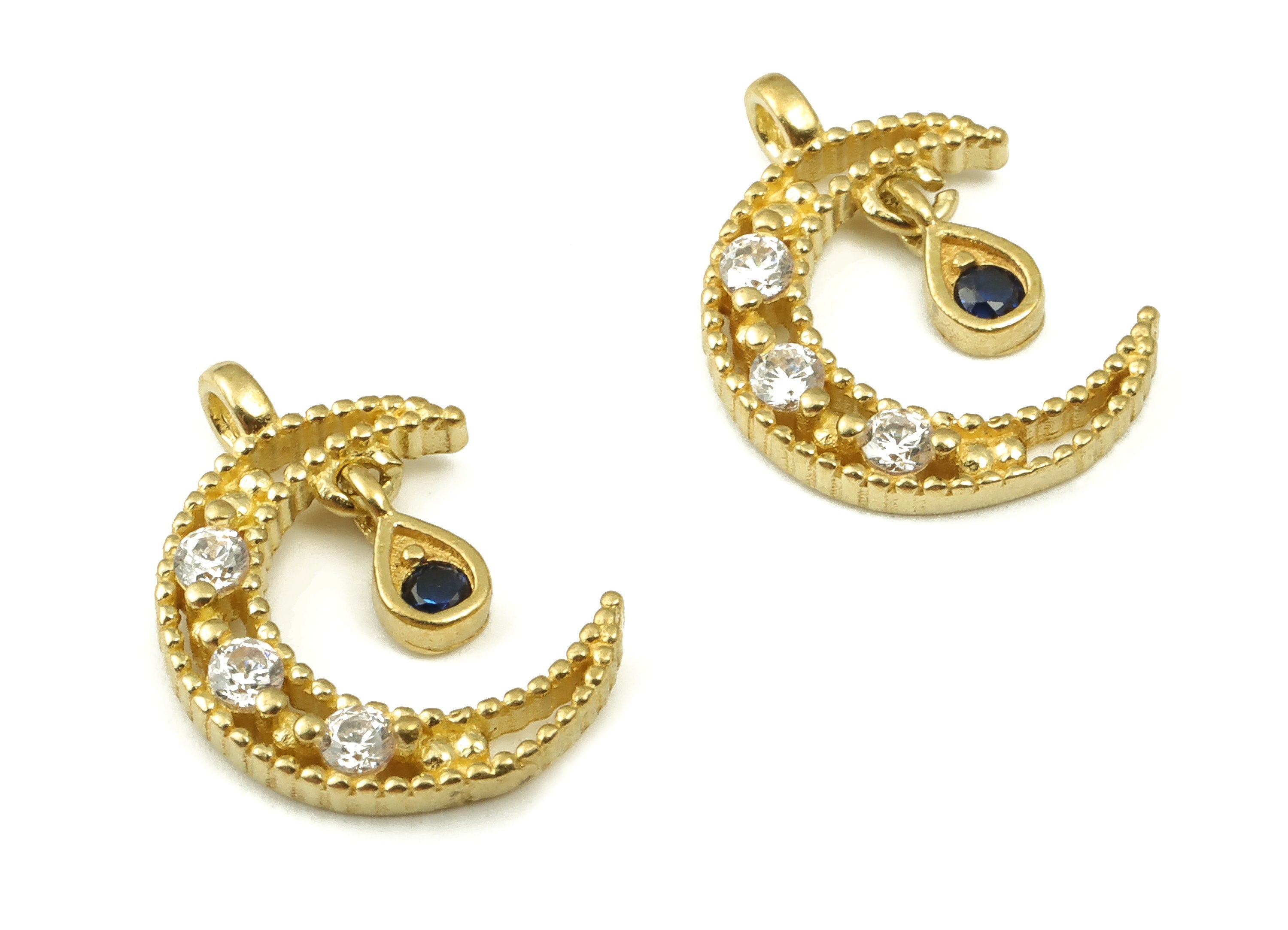 Brass Crescent Earring Charms With Zircons - Raw Brass Moon Pendant -  Earring Finding - Jewellery Supplies - 14.78x11.21x2.2mm - PP4492 - DOMEDBAZAAR