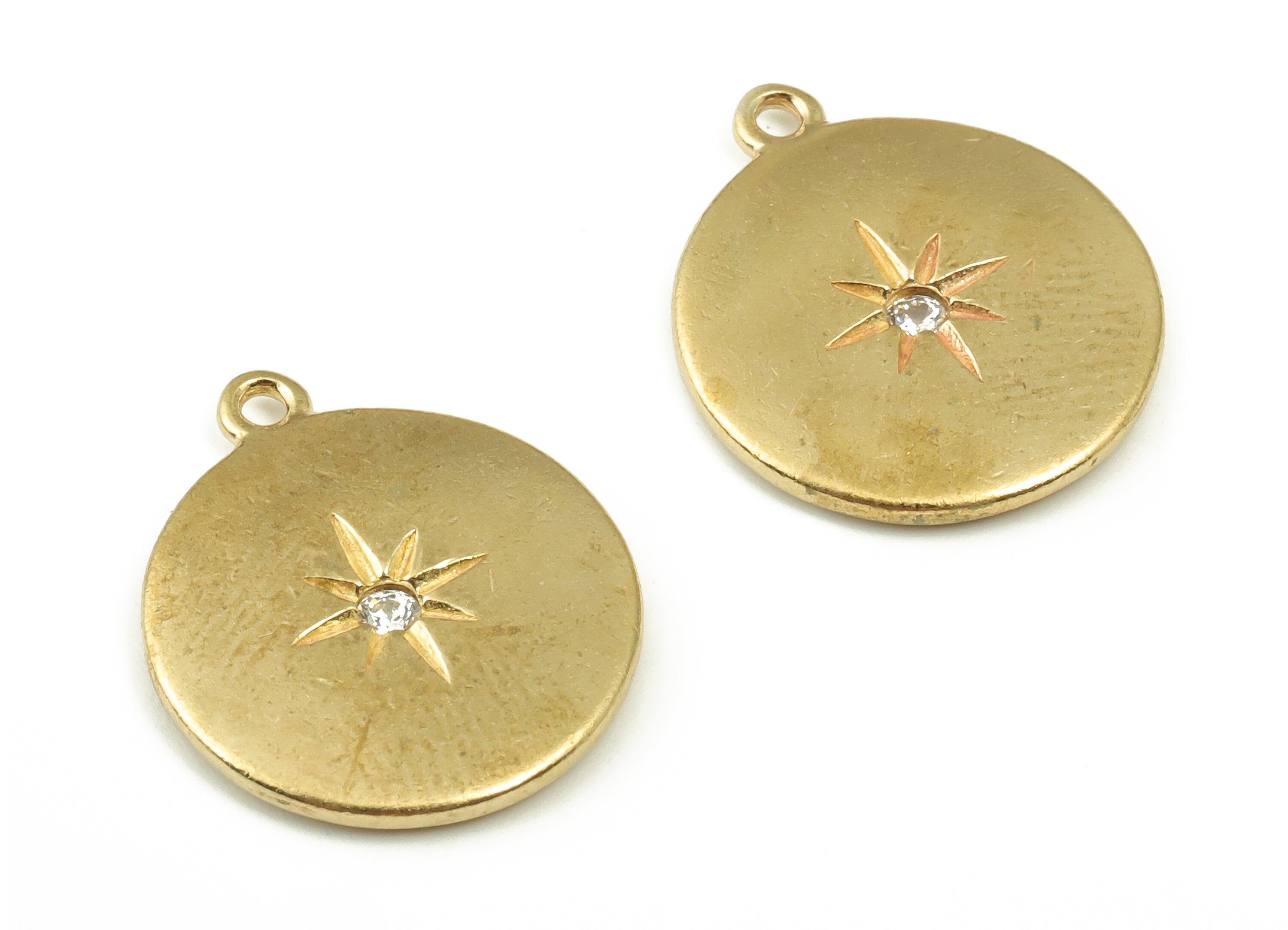 Brass Round Star Earring Charms With Zircon - Raw Brass Circle Pendant - Earring Finding - Jewelry Making Supplies - 17x14.8x1.9mm - PP4510 - DOMEDBAZAAR