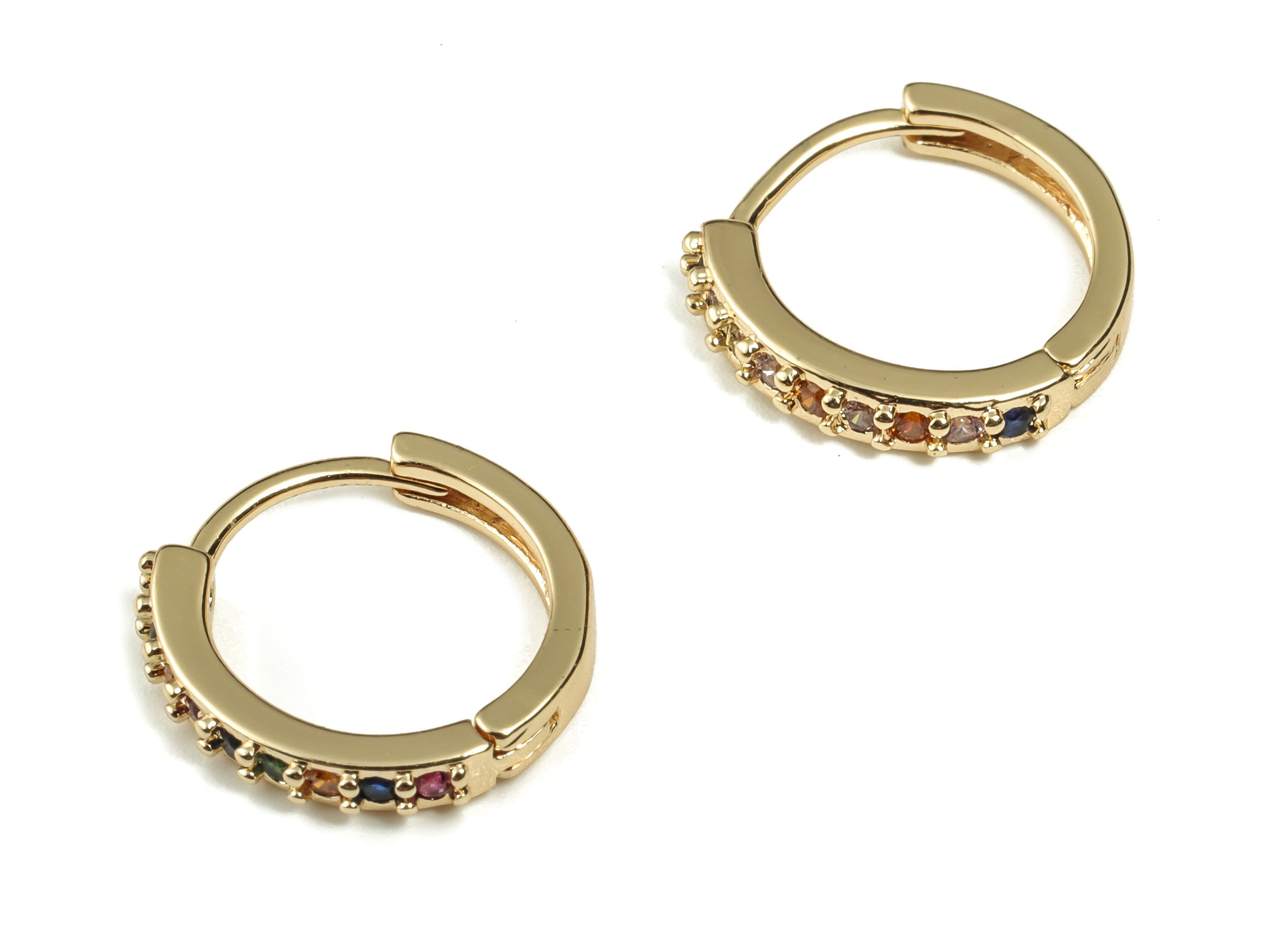 Brass Round Huggie Hoop Earrings - Multicolor Zircon Hoops – Stud Earrings – 18K Real Gold Plated Brass - 13.72×13.07×2.35mm - RGP3243 - DOMEDBAZAAR