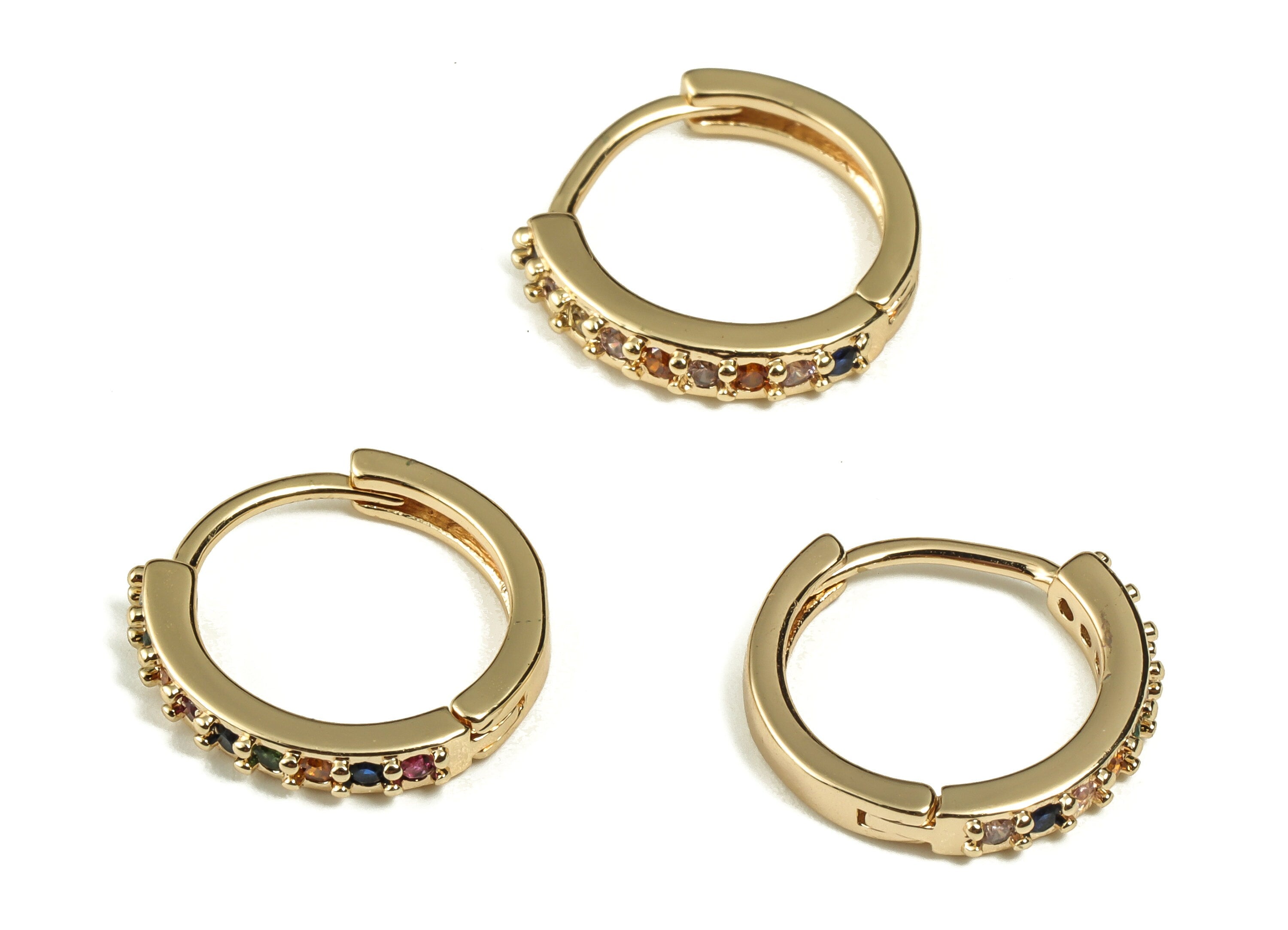 Brass Round Huggie Hoop Earrings - Multicolor Zircon Hoops – Stud Earrings – 18K Real Gold Plated Brass - 13.72×13.07×2.35mm - RGP3243 - DOMEDBAZAAR