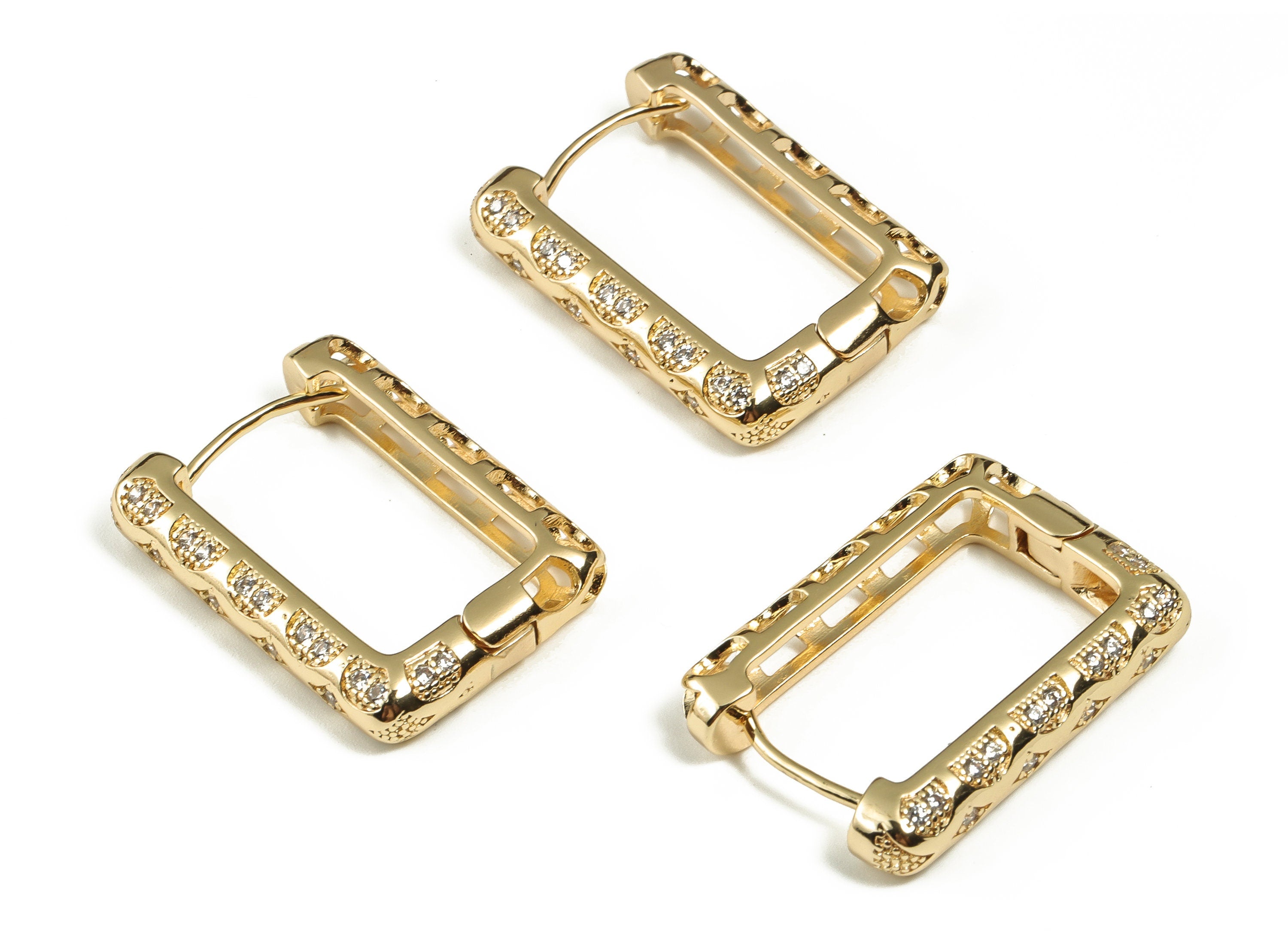 Brass Rectangle Hoops Earring – Zircon Earring Hoops – Dainty Hoop Earrings – 18K Real Gold Plated  Brass - 28.27x19.89x3.55mm - RGP3193 - DOMEDBAZAAR