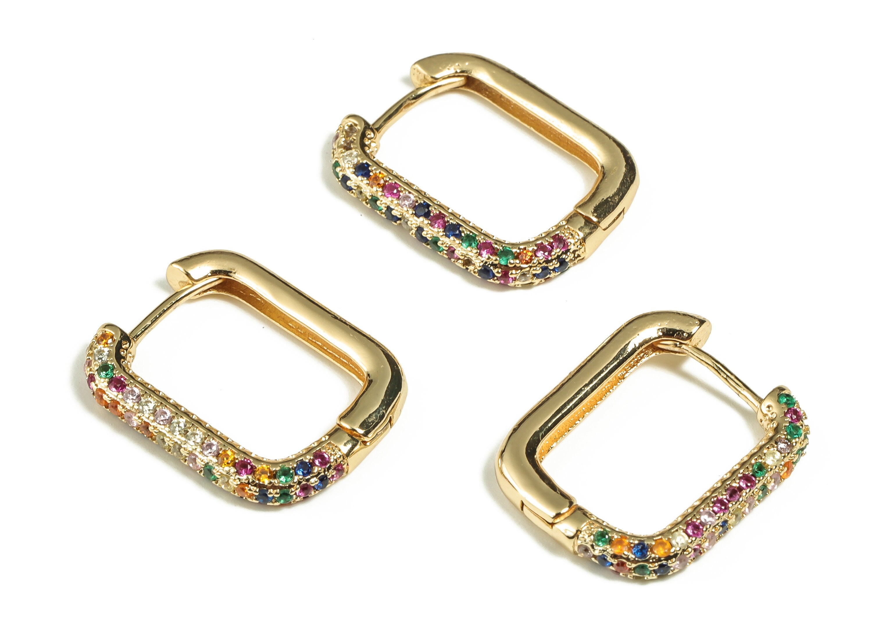 Brass Square Hoop Earrings - Multicolored Zircons Huggie Earring - Dainty Earrings – 18K Gold Plated Brass - 20.22x15.9x2.86mm - RGP3261 - DOMEDBAZAAR
