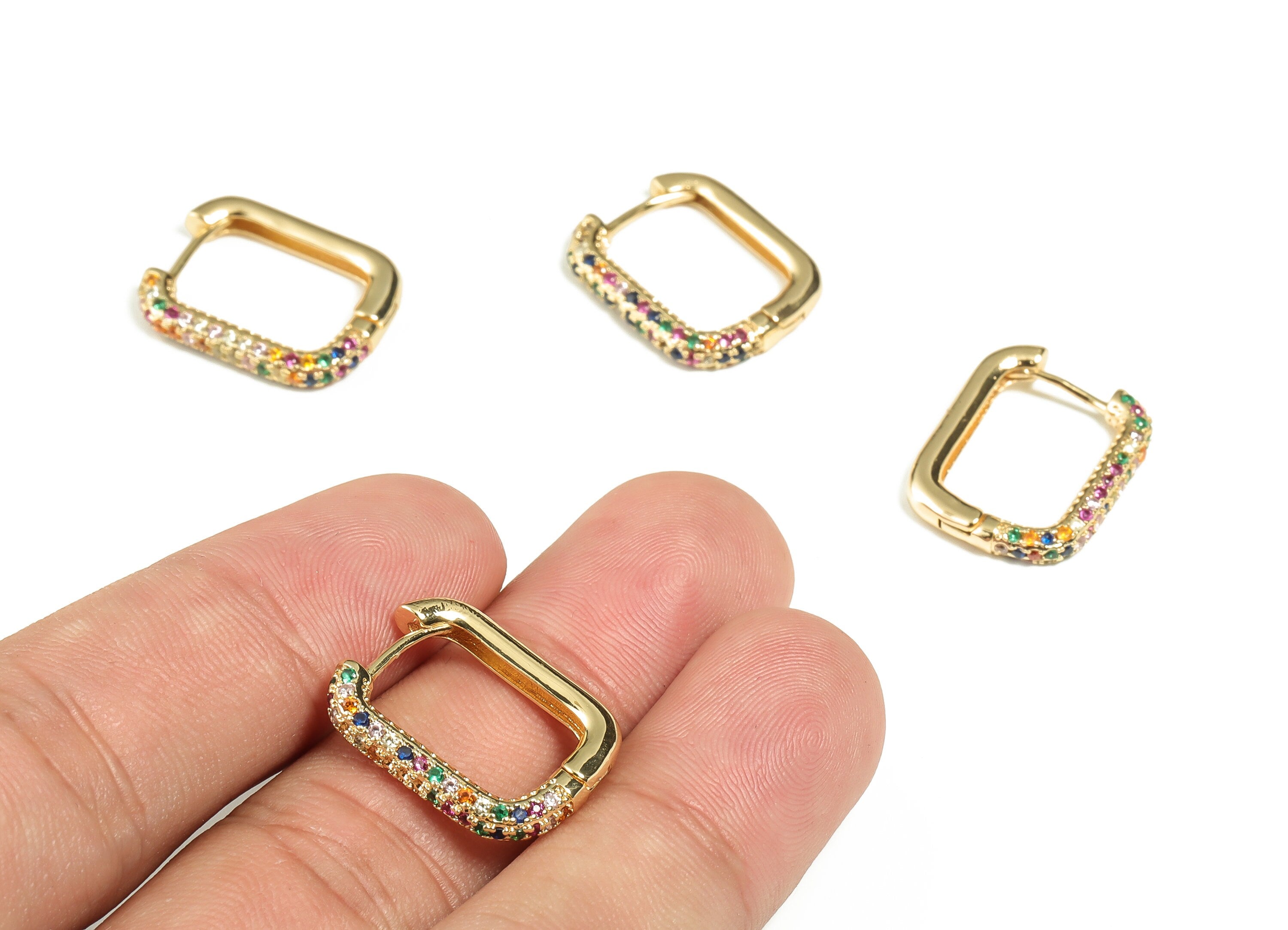 Brass Square Hoop Earrings - Multicolored Zircons Huggie Earring - Dainty Earrings – 18K Gold Plated Brass - 20.22x15.9x2.86mm - RGP3261 - DOMEDBAZAAR