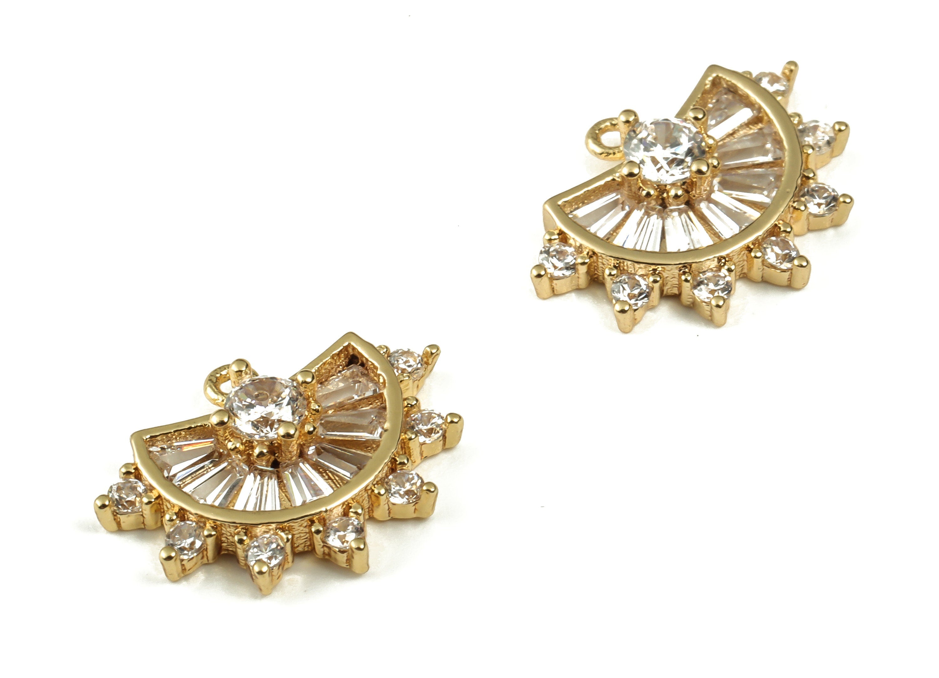 Brass Semicircle Earring Charms With Zircon – Gold Half Moon Pendant - 18K Real Gold Plated Brass – 15.22x11.56x3.26mm - RGP3307 - DOMEDBAZAAR