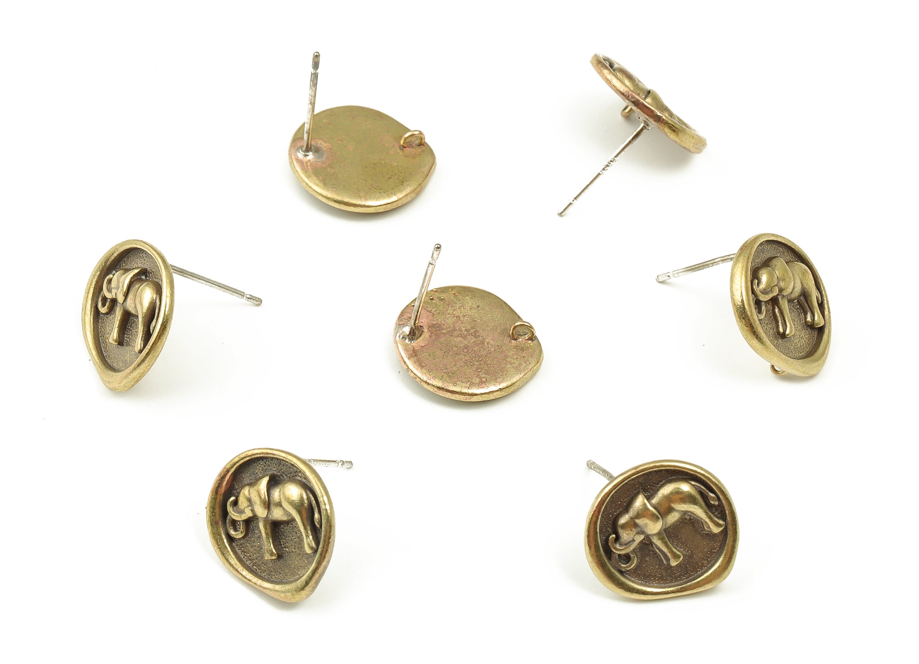 Brass Round Earring Stud - Raw Brass Elephant Earring Post - Silver Stud - Jewelry Making Supplies - 13.76x13.7x2.15mm - PP4491 - DOMEDBAZAAR