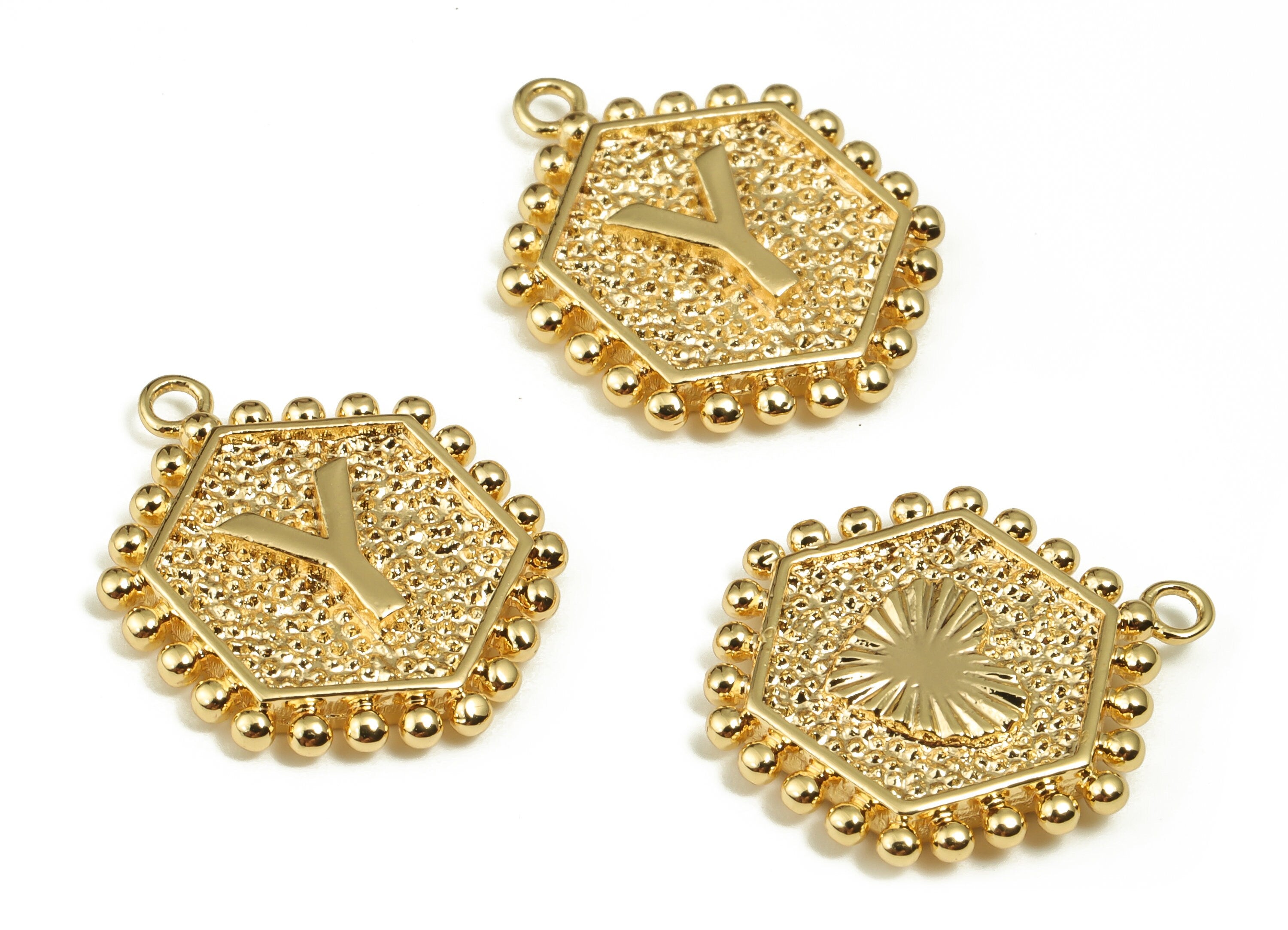 Brass Hexagon Letter Y Charms - Alphabet Pendant Charm - 18K Shiny Gold Plated Initial Charm- Jewelry Supplies -19.49x16.1x2.4mm- RGP3775Y - DOMEDBAZAAR
