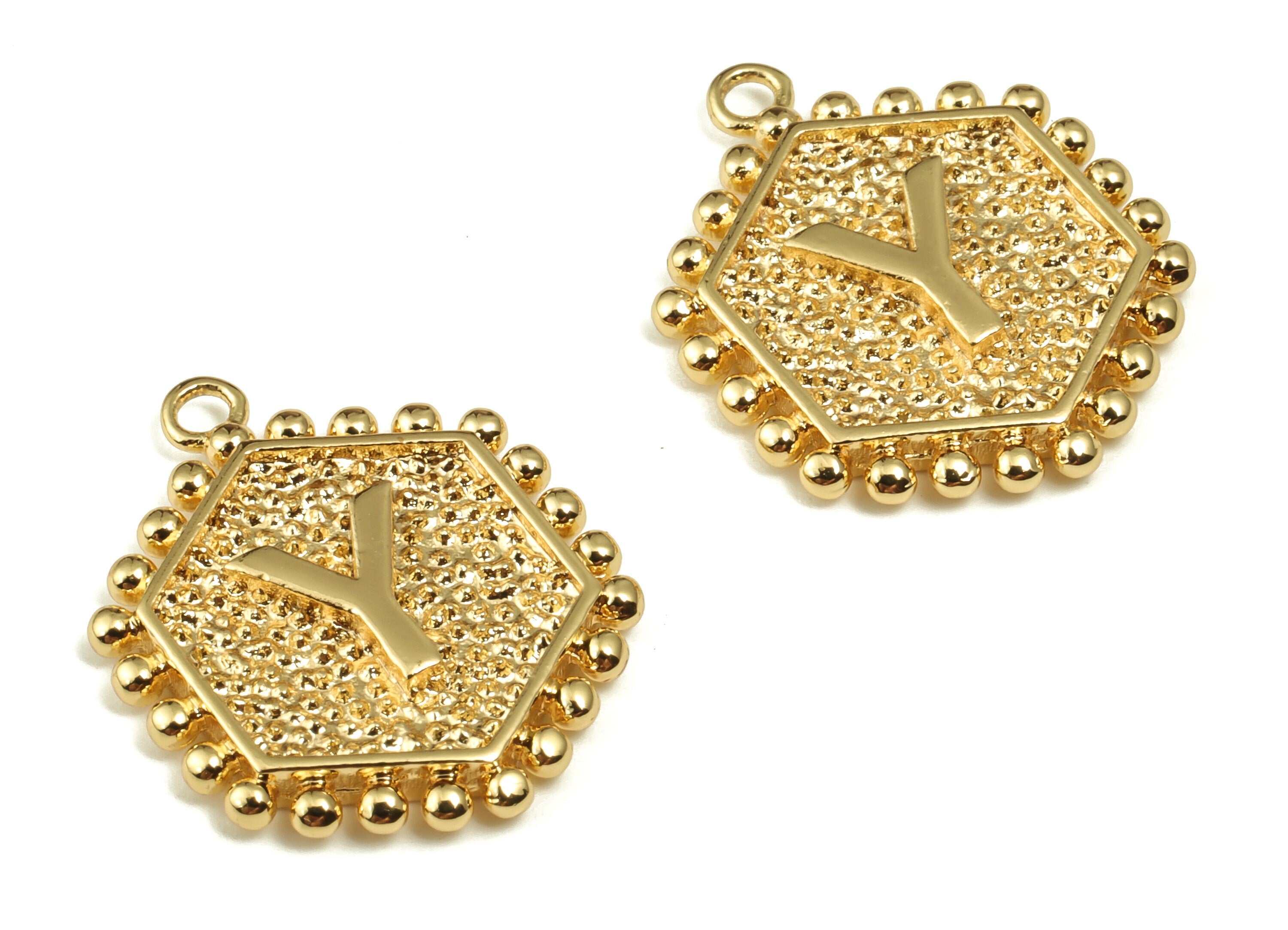 Brass Hexagon Letter Y Charms - Alphabet Pendant Charm - 18K Shiny Gold Plated Initial Charm- Jewelry Supplies -19.49x16.1x2.4mm- RGP3775Y - DOMEDBAZAAR