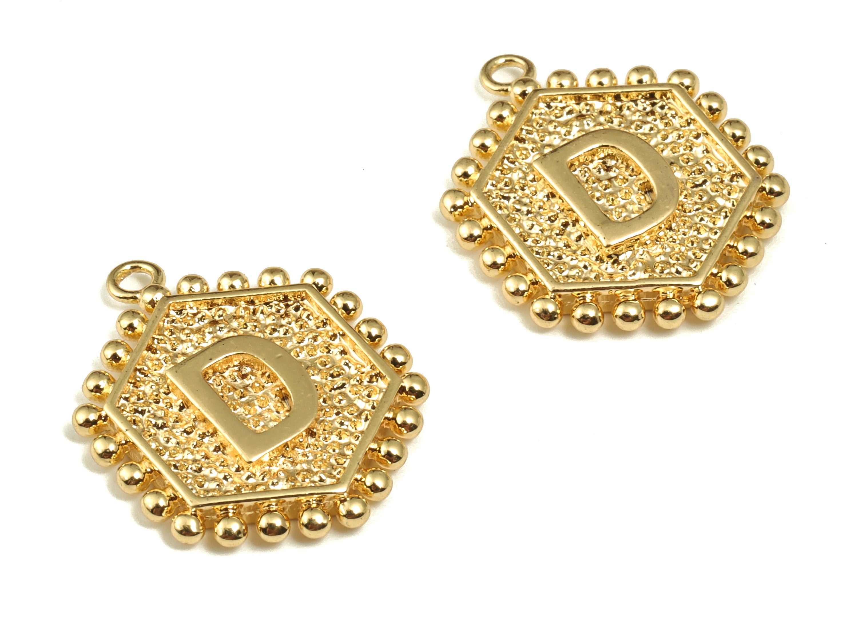 Brass Hexagon Letter D Charms - Alphabet Pendant Charm - 18K Shiny Gold Plated Initial Charm - Jewelry Supplies -19.55x15.9x2.4mm- RGP3775D - DOMEDBAZAAR