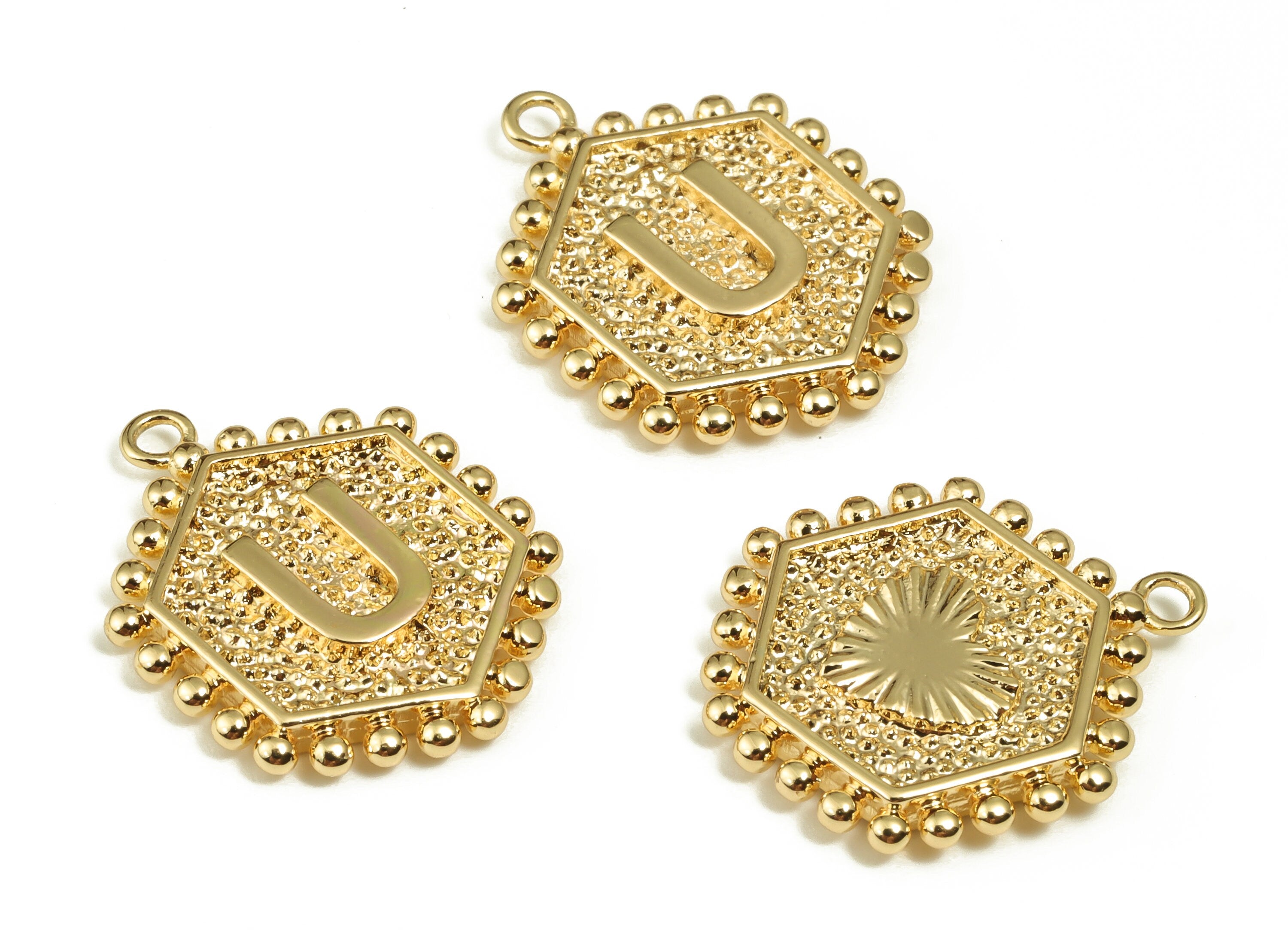 Brass Hexagon Letter U Charms - Alphabet Pendant Charm - 18K Shiny Gold Plated Initial Charm - Jewelry Supplies -19.49x16.1x2.4mm- RGP3775U - DOMEDBAZAAR