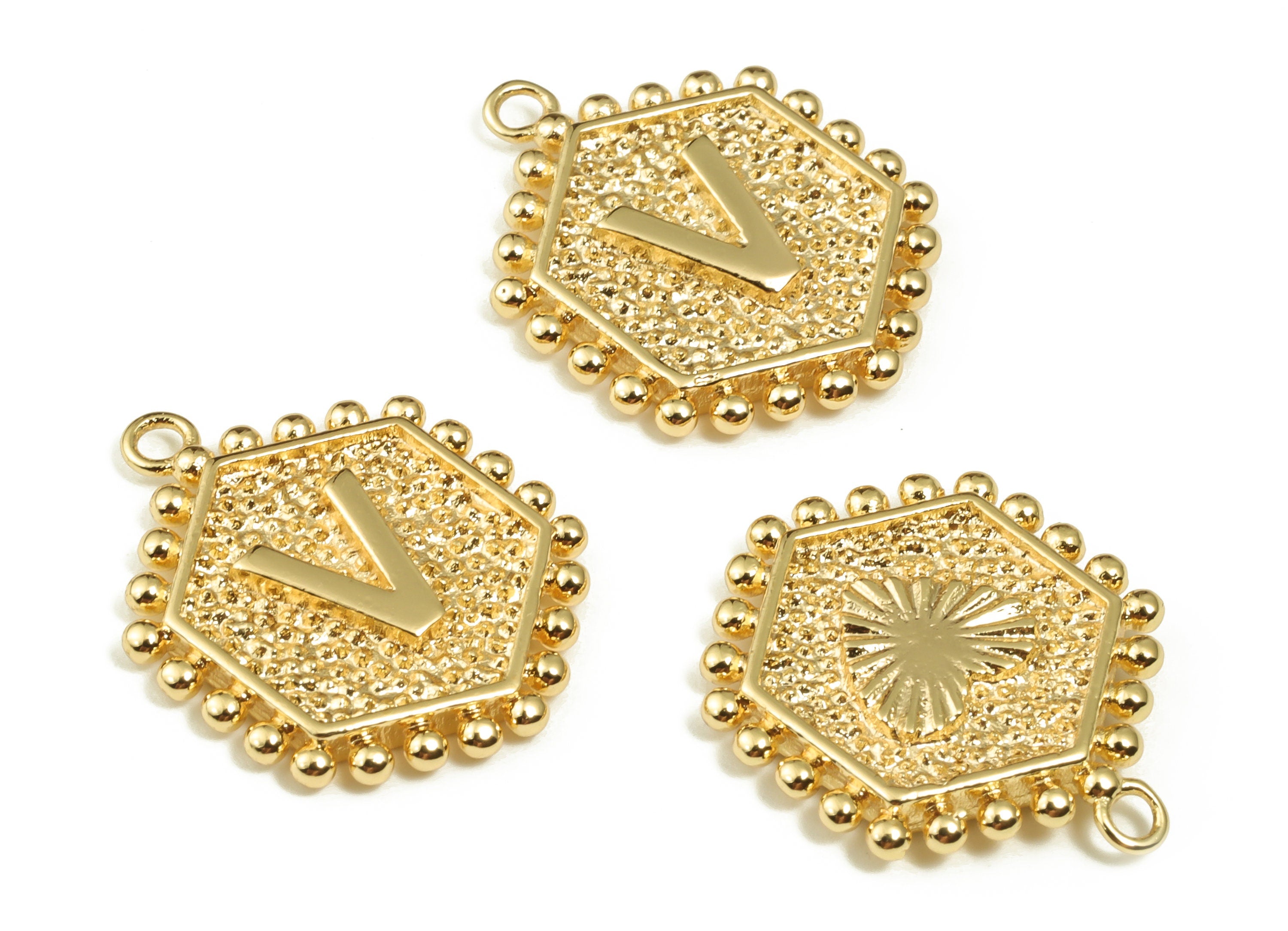 Brass Hexagon Letter V Charms - Alphabet Pendant Charm - 18K Shiny Gold Plated Initial Charm - Jewelry Supplies -19.49x16.1x2.4mm- RGP3775V - DOMEDBAZAAR