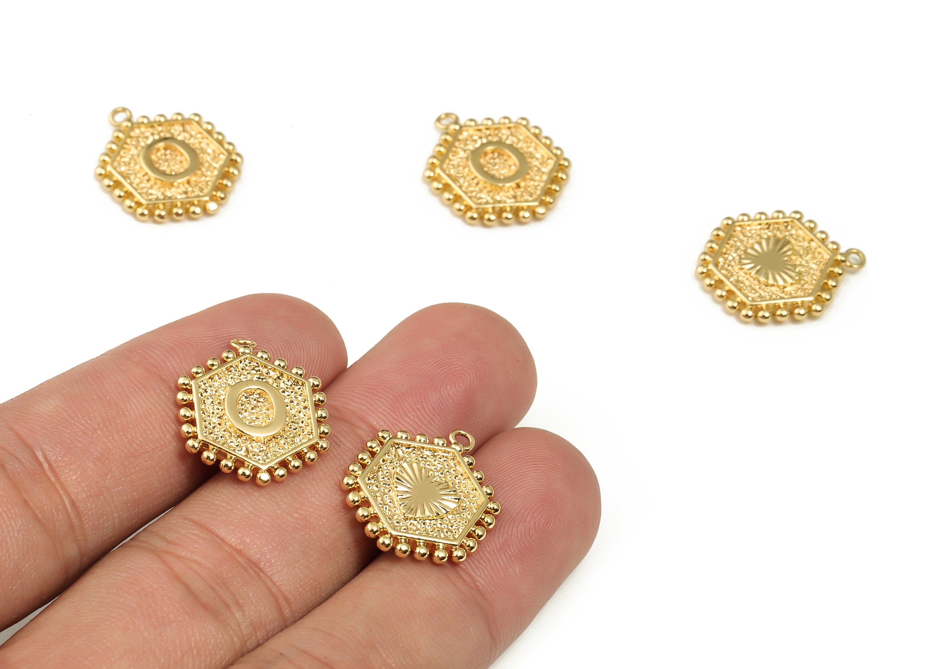 Brass Hexagon Letter O Charms - Alphabet Pendant Charm - 18K Shiny Gold Plated Initial Charm - Jewelry Supplies -19.4x15.77x2.5mm- RGP3775O - DOMEDBAZAAR