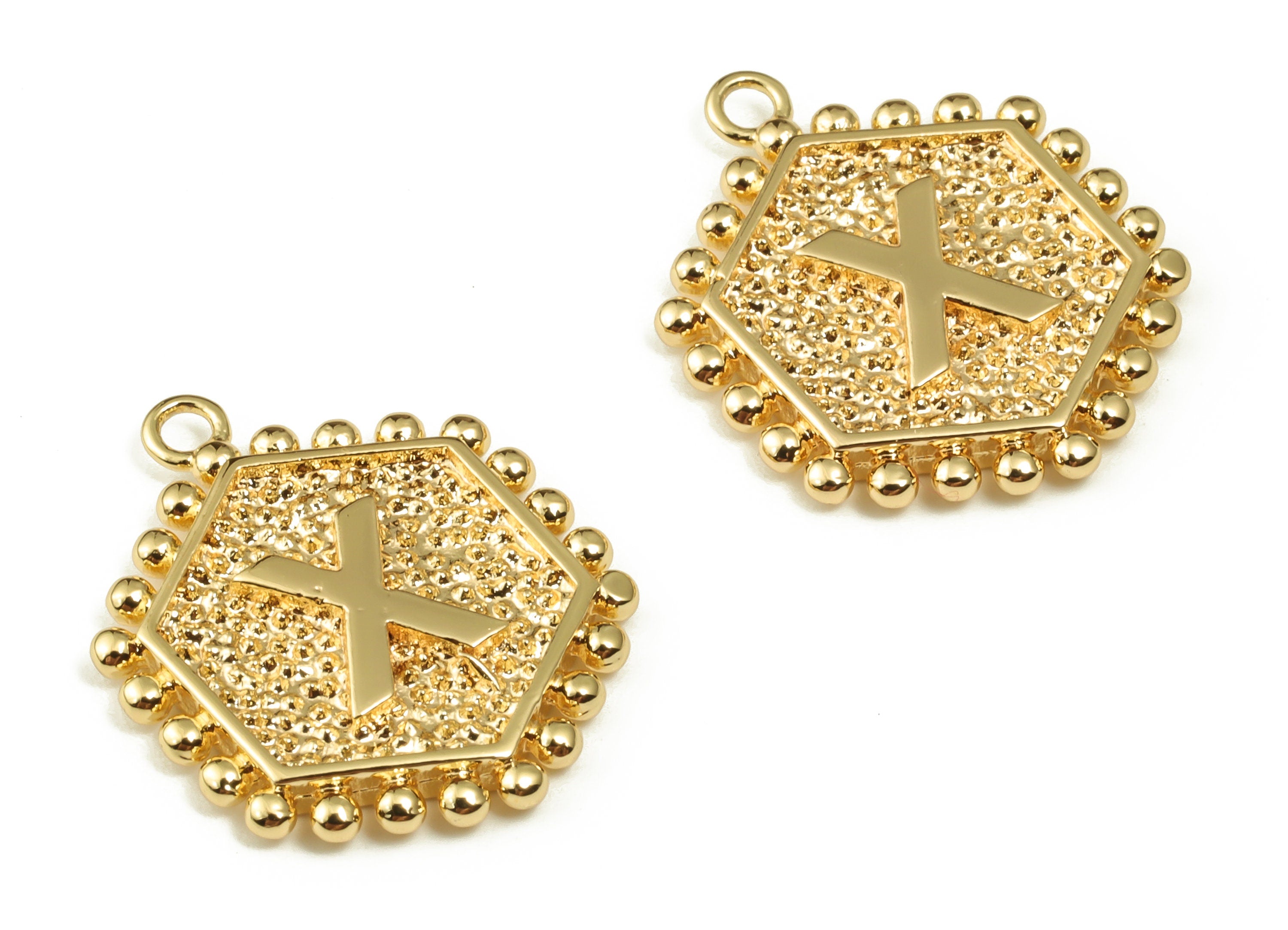 Brass Hexagon Letter X Charms - Alphabet Pendant Charm - 18K Shiny Gold Plated Initial Charm - Jewelry Supplies -19.49x16.1x2.4mm- RGP3775X - DOMEDBAZAAR
