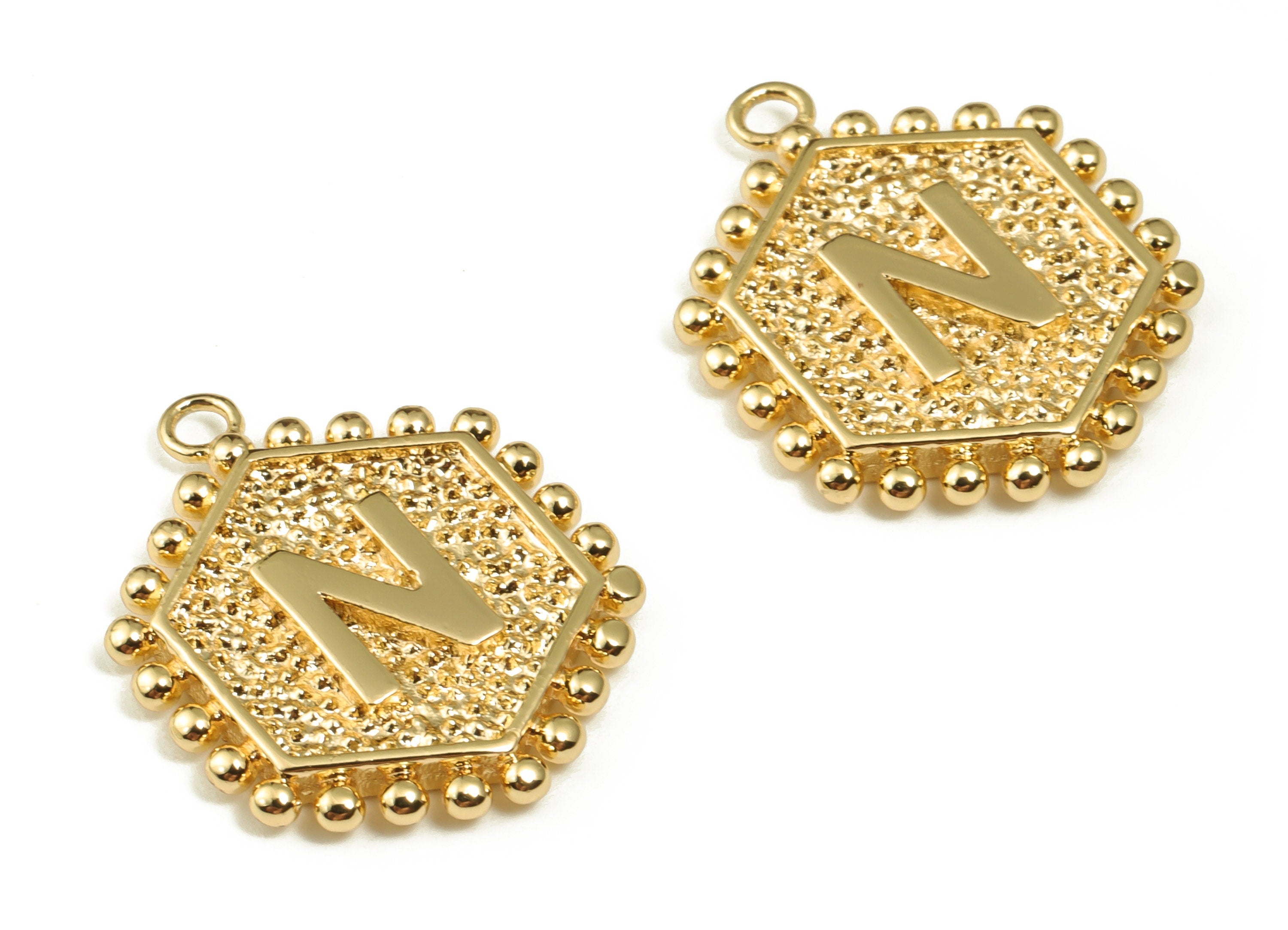 Brass Hexagon Letter N Charms - Alphabet Pendant Charm - 18K Shiny Gold Plated Initial Charm - Jewelry Supplies -19.5x15.85x2.4mm- RGP3775N - DOMEDBAZAAR