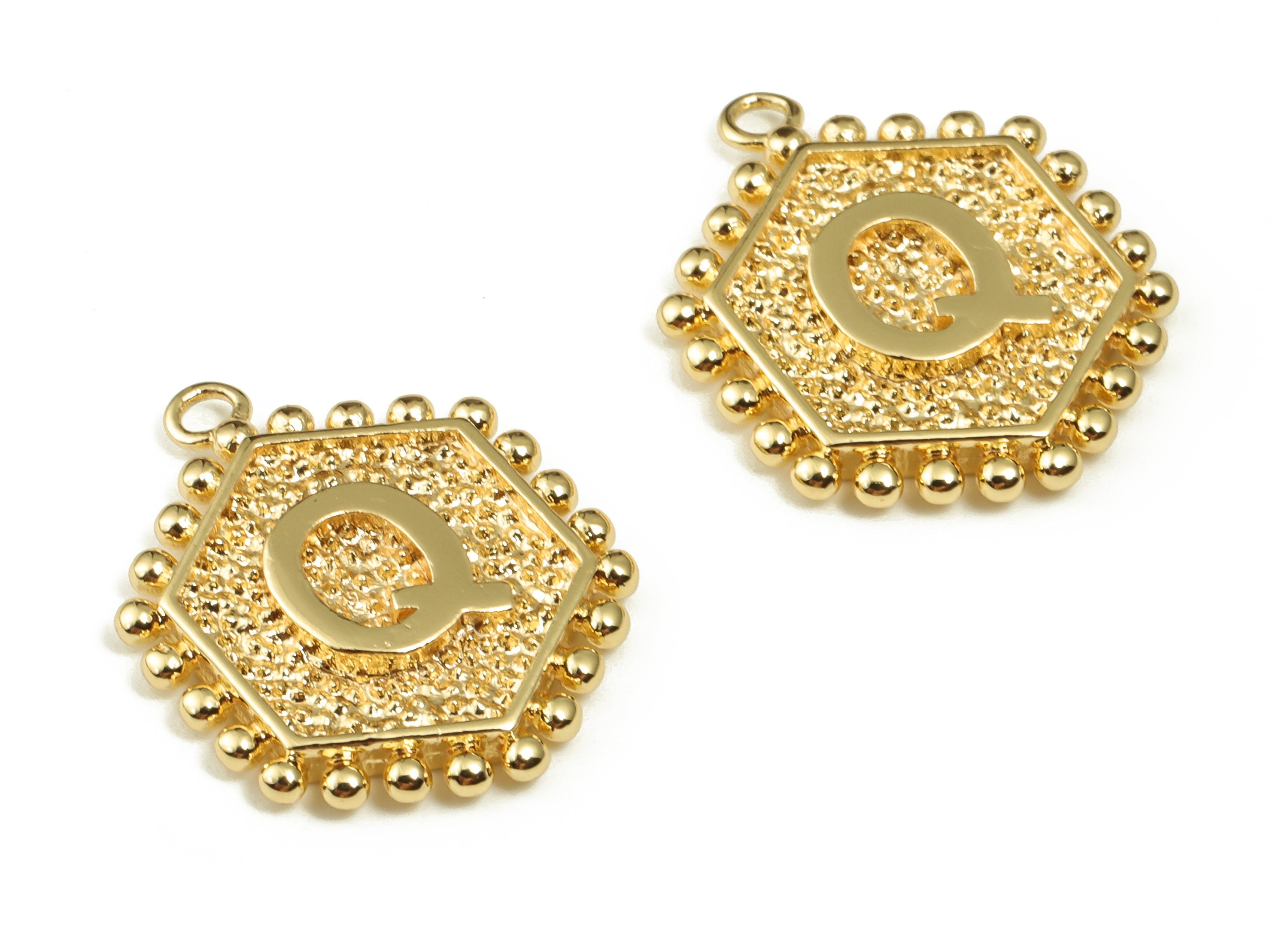 Brass Hexagon Letter Q Charms - Alphabet Pendant Charm - 18K Shiny Gold Plated Initial Charm - Jewelry Supplies -19.49x16.1x2.4mm- RGP3775Q - DOMEDBAZAAR