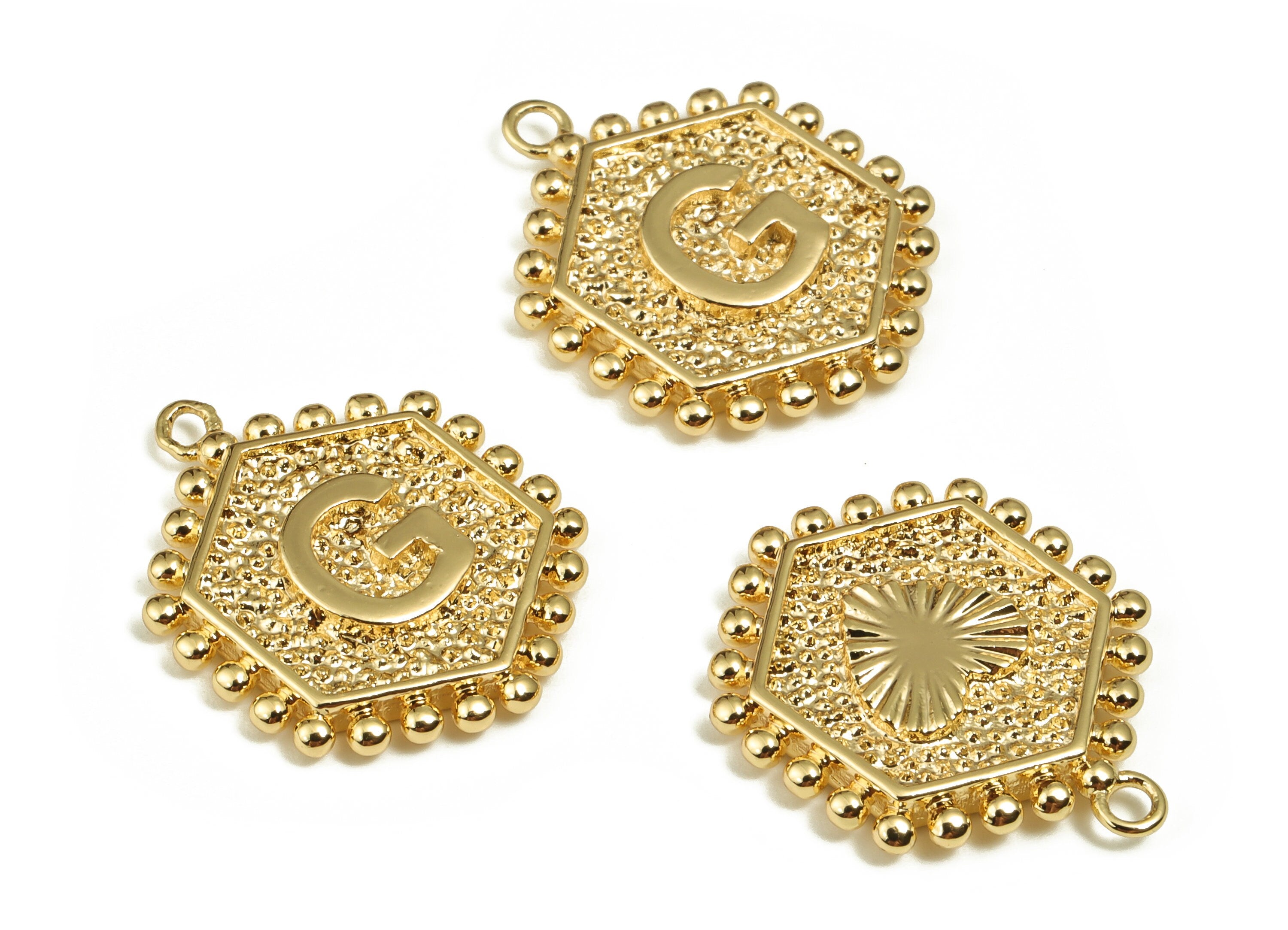 Brass Hexagon Letter G Charms - Alphabet Pendant Charm - 18K Shiny Gold Plated Initial Charm - Jewelry Supplies -19.24x15.9x2.5mm- RGP3775G - DOMEDBAZAAR