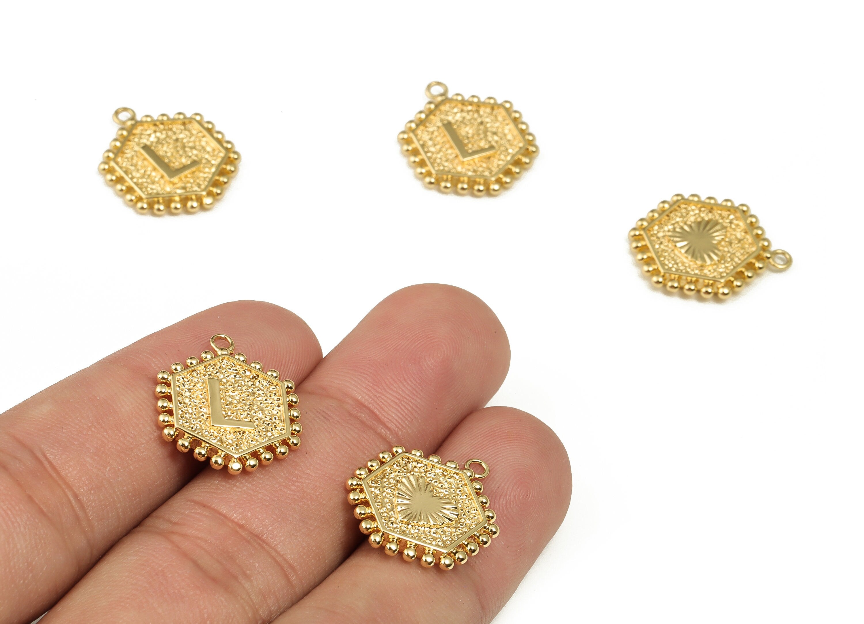 Brass Hexagon Letter L Charms - Alphabet Pendant Charm - 18K Shiny Gold Plated Initial Charm - Jewelry Supplies -19.56x15.9x2.3mm- RGP3775L - DOMEDBAZAAR
